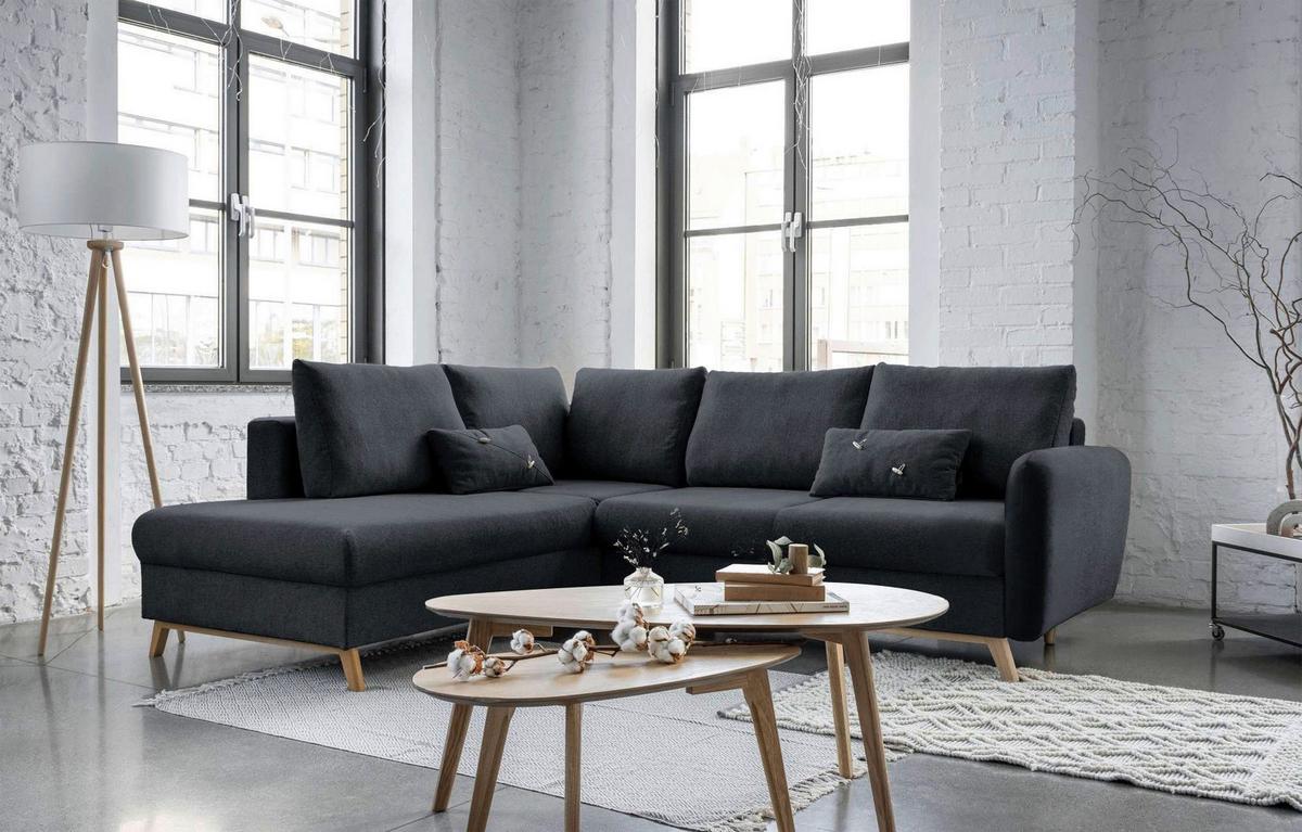 Sedačka LUCILE L, levá, tm.šedá, úl.prostor a lůžko - tmavě šedá/přírodní barvy, dřevo/textil (202/242cm) - MID.YOU