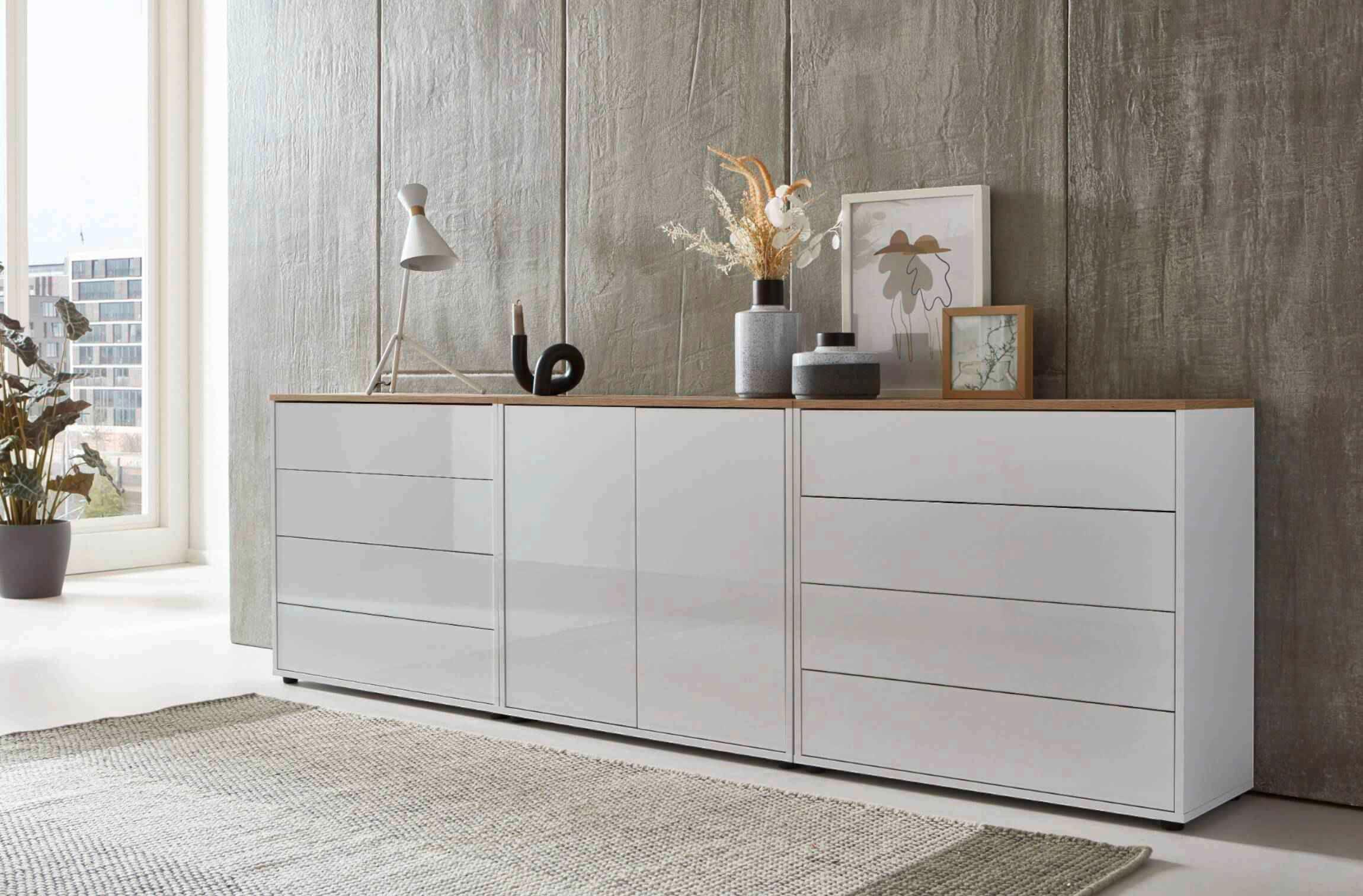 Sideboard Mailand4 B:237cm Weiß/eiche - Weiß Hochglanz/Schwarz, MODERN, Holzwerkstoff (237/73/33cm) - MID.YOU