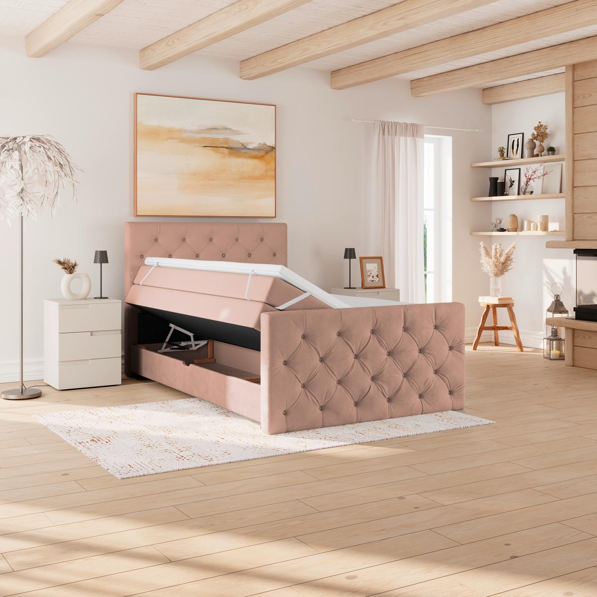 Boxspringbett Elio Altrosa 140x200 cm H2 - Beige/Schwarz, ROMANTIK / LANDHAUS, Textil (140/200cm) - James Wood