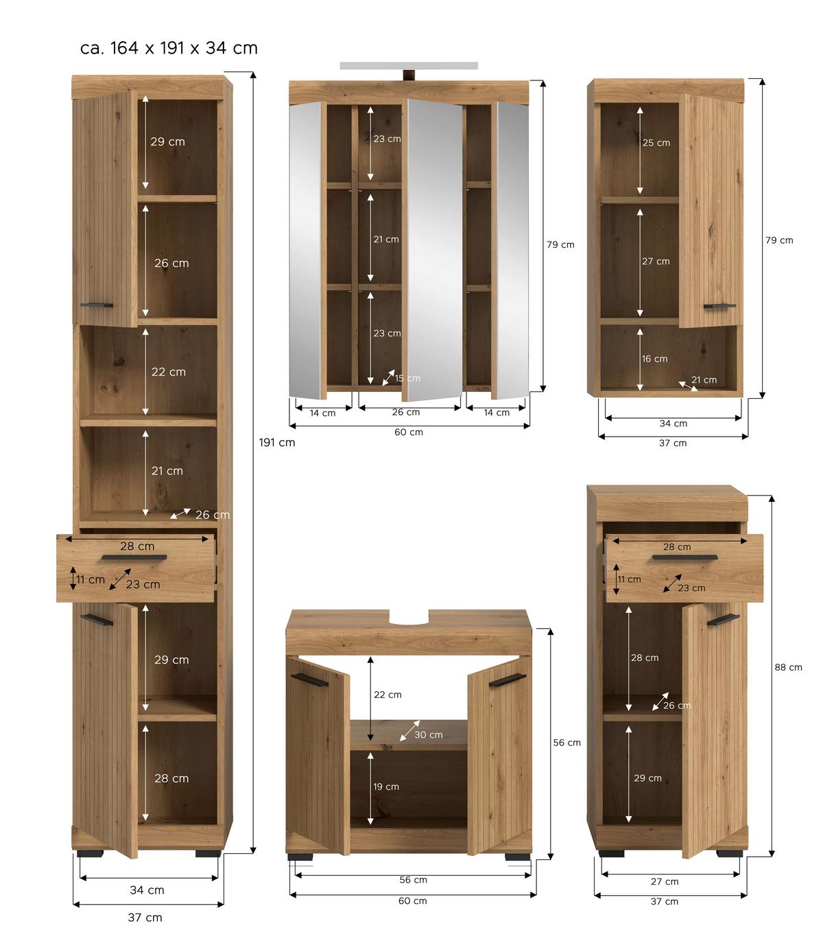 Badezimmer Scout Eiche Artisan Dekor B: 134cm - Eiche Artisan, Trend, Glas/Holzwerkstoff (134cm) - MID.YOU