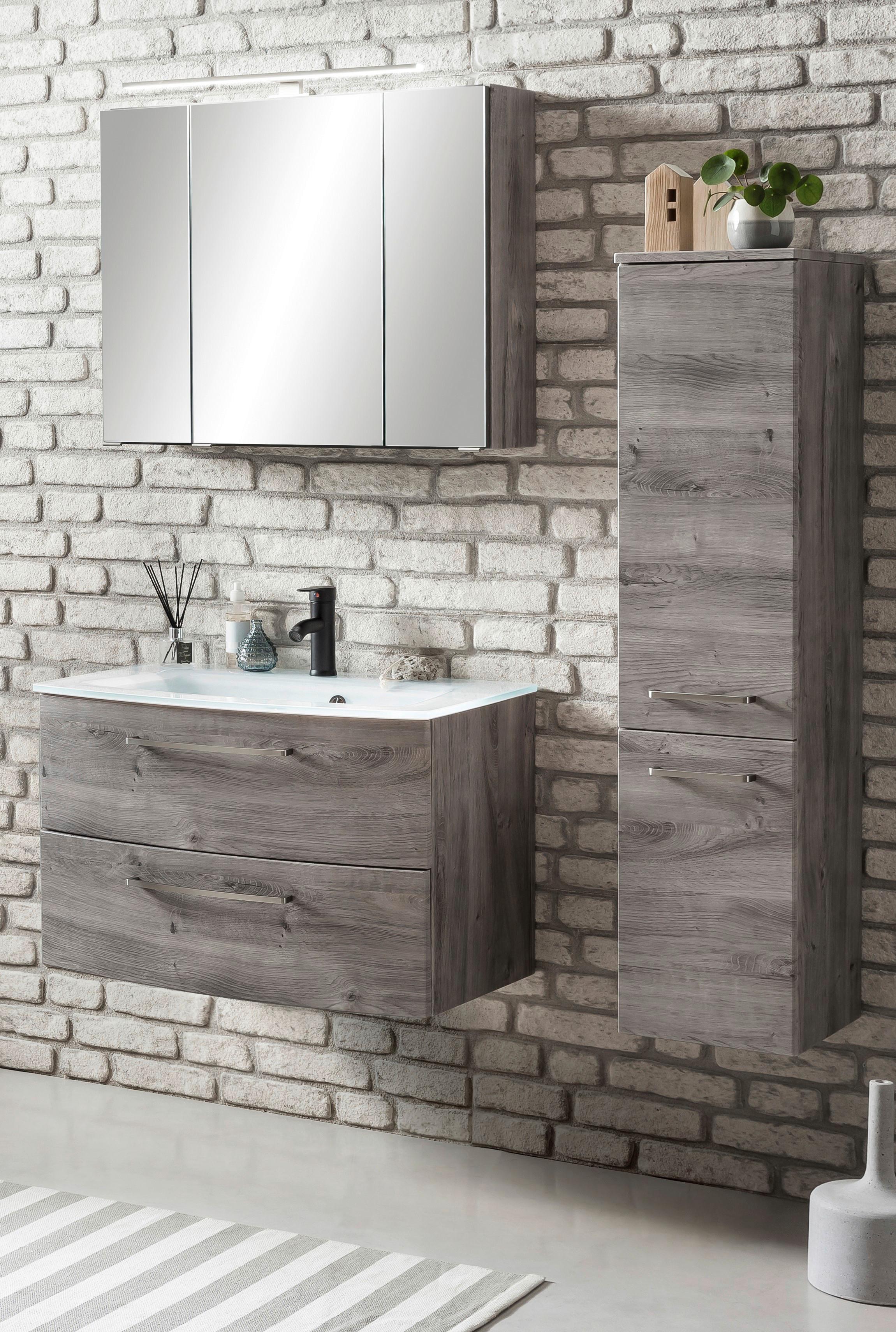 Badmöbel-Set 3-Tlg. Stockholm B: 110 cm Weiß/Eiche Dekor - Eichefarben/Weiß, KONVENTIONELL, Glas/Holzwerkstoff (110cm) - Held
