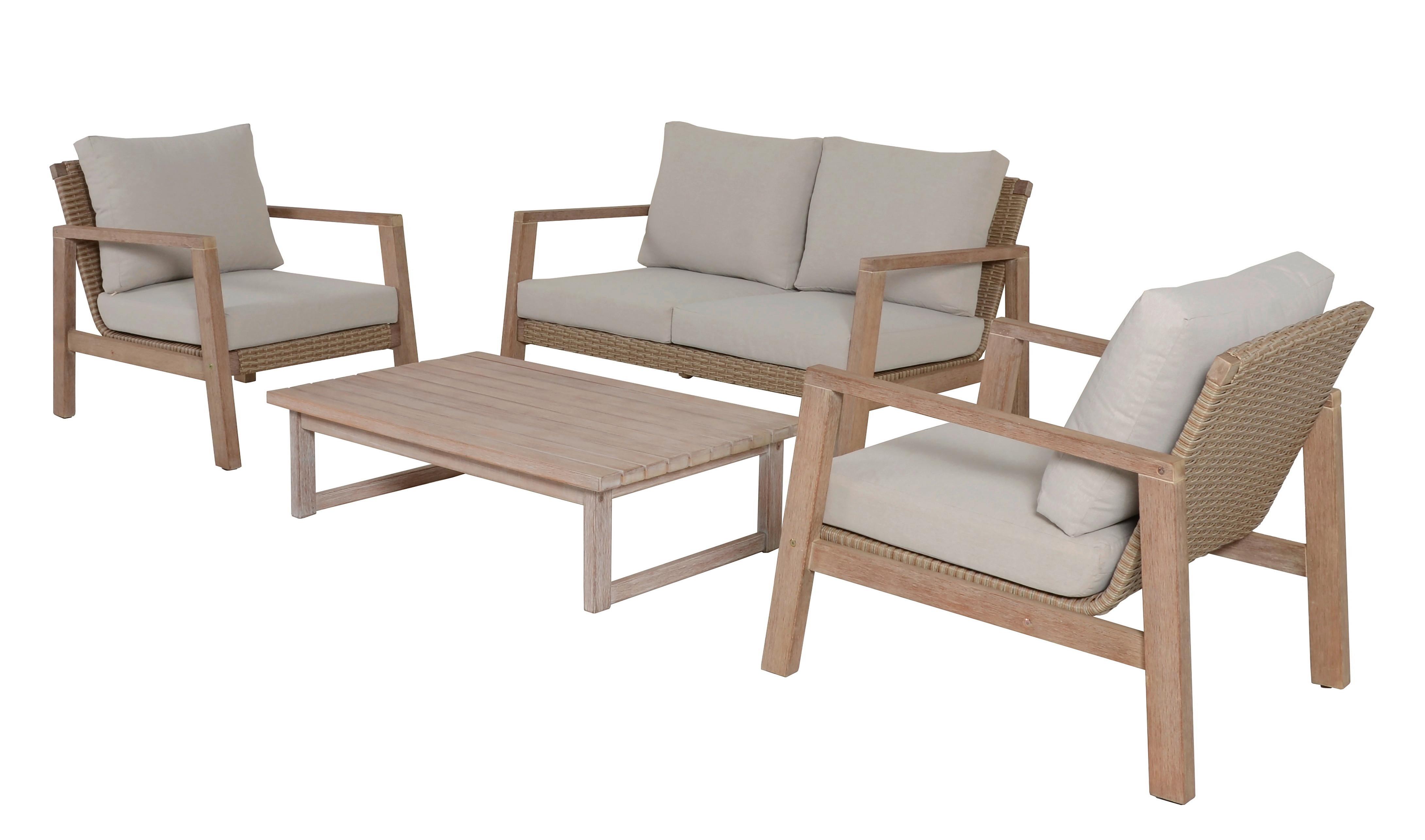 Loungegarnitur 4-tlg San Mateo Echtholz/kunststoff Mit Kissen - Beige/Braun, MODERN, Holz (83/72/121cm) - Gardenson