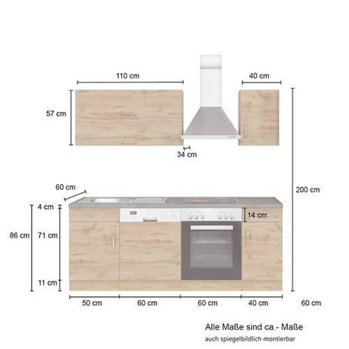 Küchenzeile Sorrento Mit Geräten 210 cm Eichefarben - Schieferfarben/Eiche Wotan, MODERN, Holzwerkstoff (210cm) - Held