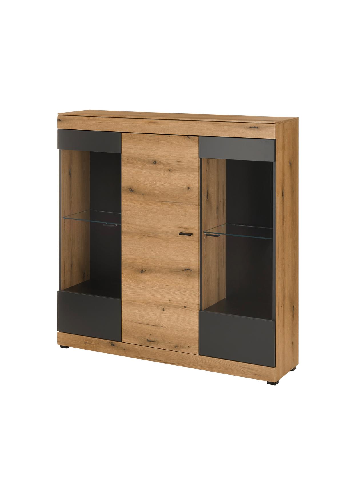 Highboard Soleto Graphit-/Eichefarben B: 140cm - Eichefarben/Schwarz, Design, Glas/Holzwerkstoff (140/141/35cm) - MID.YOU