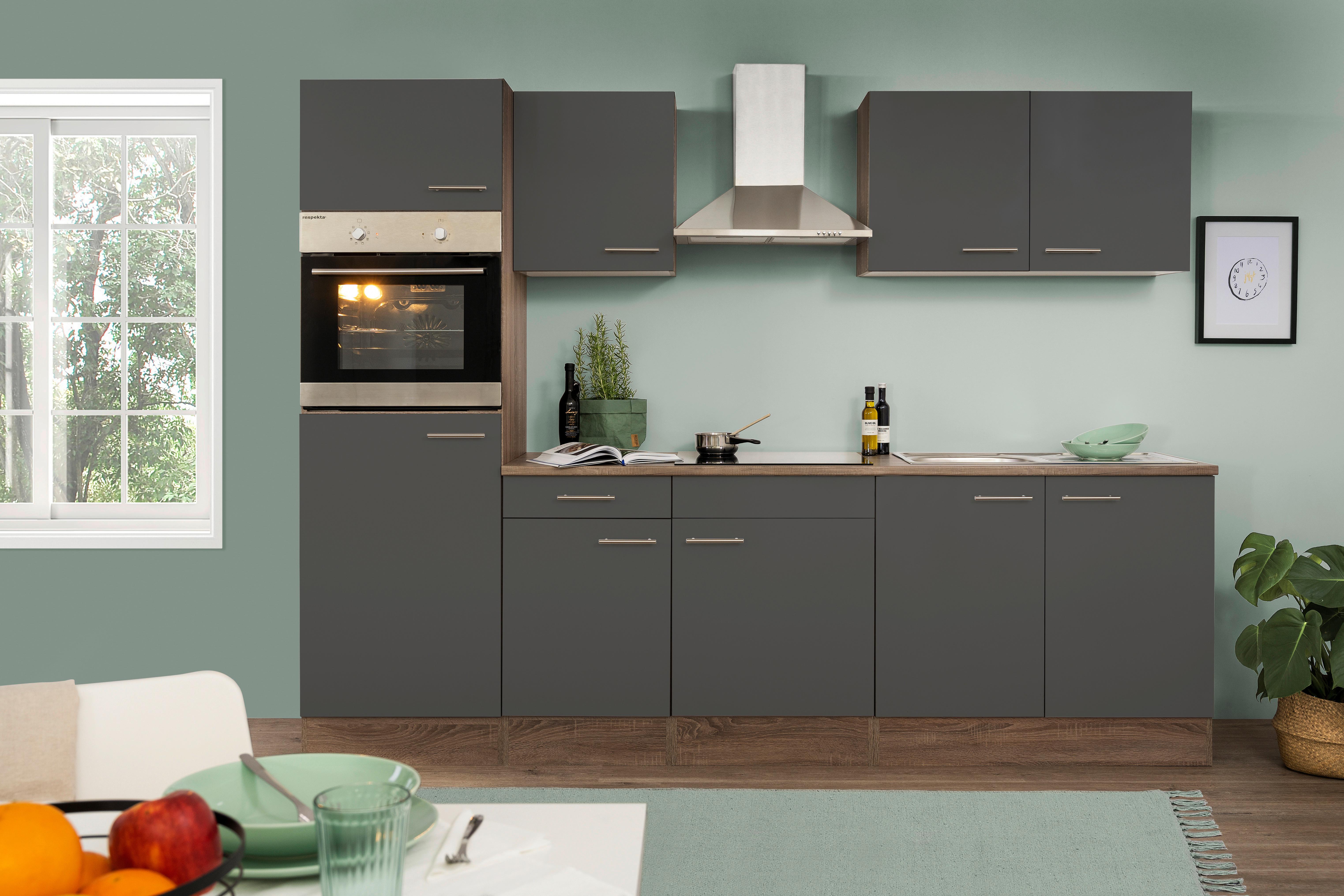 Küchenzeile mit Geräten B: 270 cm Grau/Eiche Dekor - Eichefarben/Grau, Design, Holzwerkstoff (270cm) - Respekta