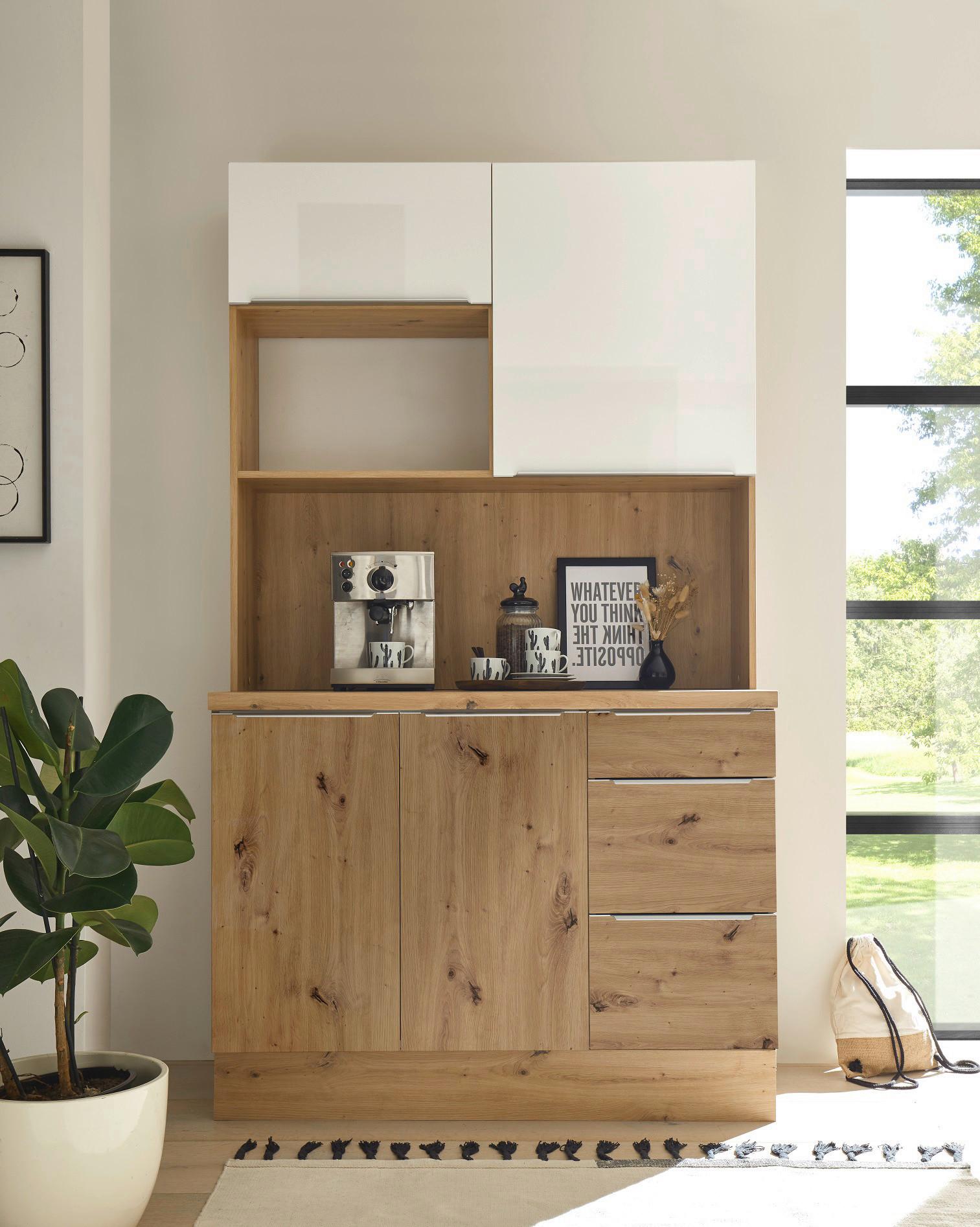 Miniküche ohne Geräte 120 cm Eiche Dekor/Weiß - Weiß Hochglanz/Eiche Artisan, LIFESTYLE, Holzwerkstoff (120cm) - Respekta