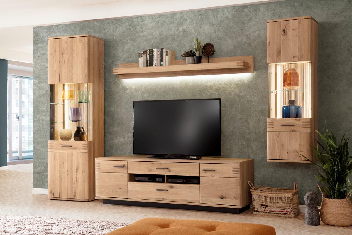Wohnkombination teilmassiv 4--teilig. Salvador Eichefarben - Eichefarben/Schwarz, Design, Glas/Holz (305/208/50cm) - Livetastic