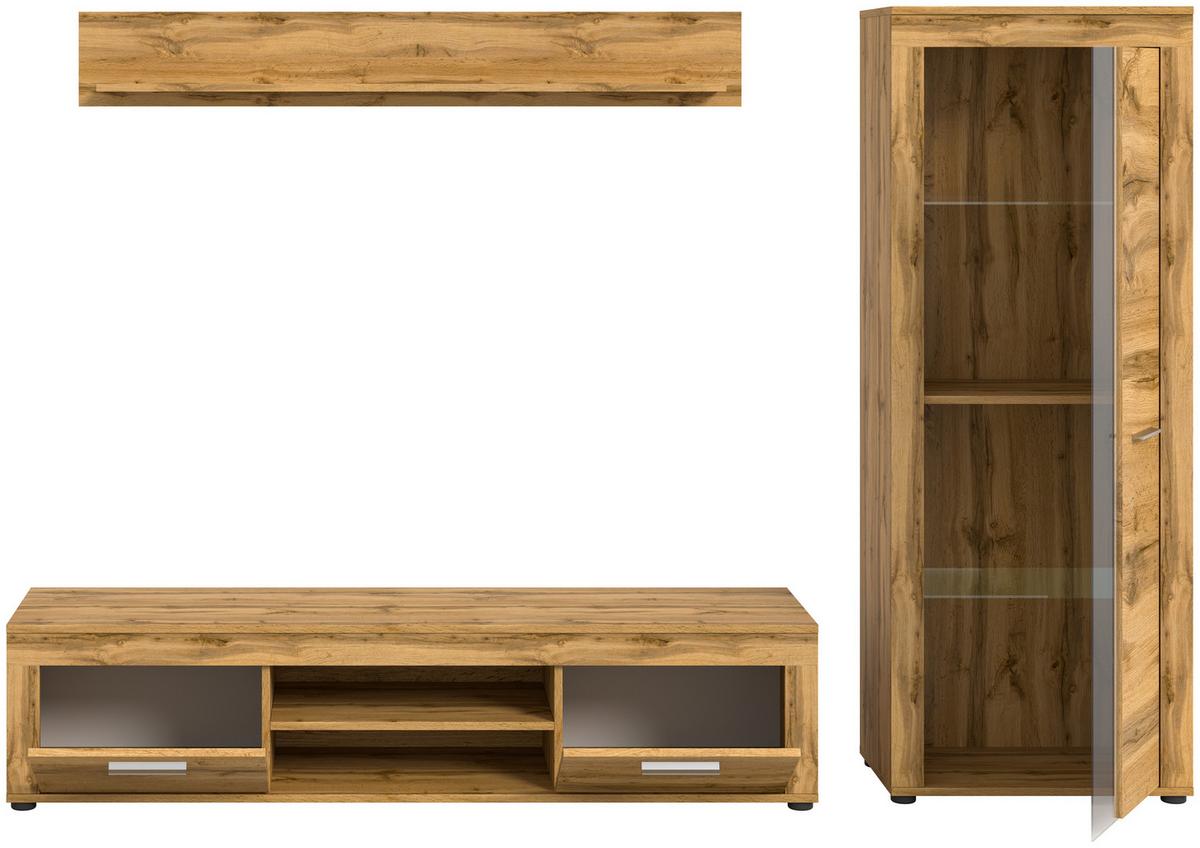 Wohnwand Eiche Dekor 3-Teilig B: 235 Cm - Eiche Wotan/Schwarz, Design, Glas/Holzwerkstoff (235/159/35cm) - MID.YOU