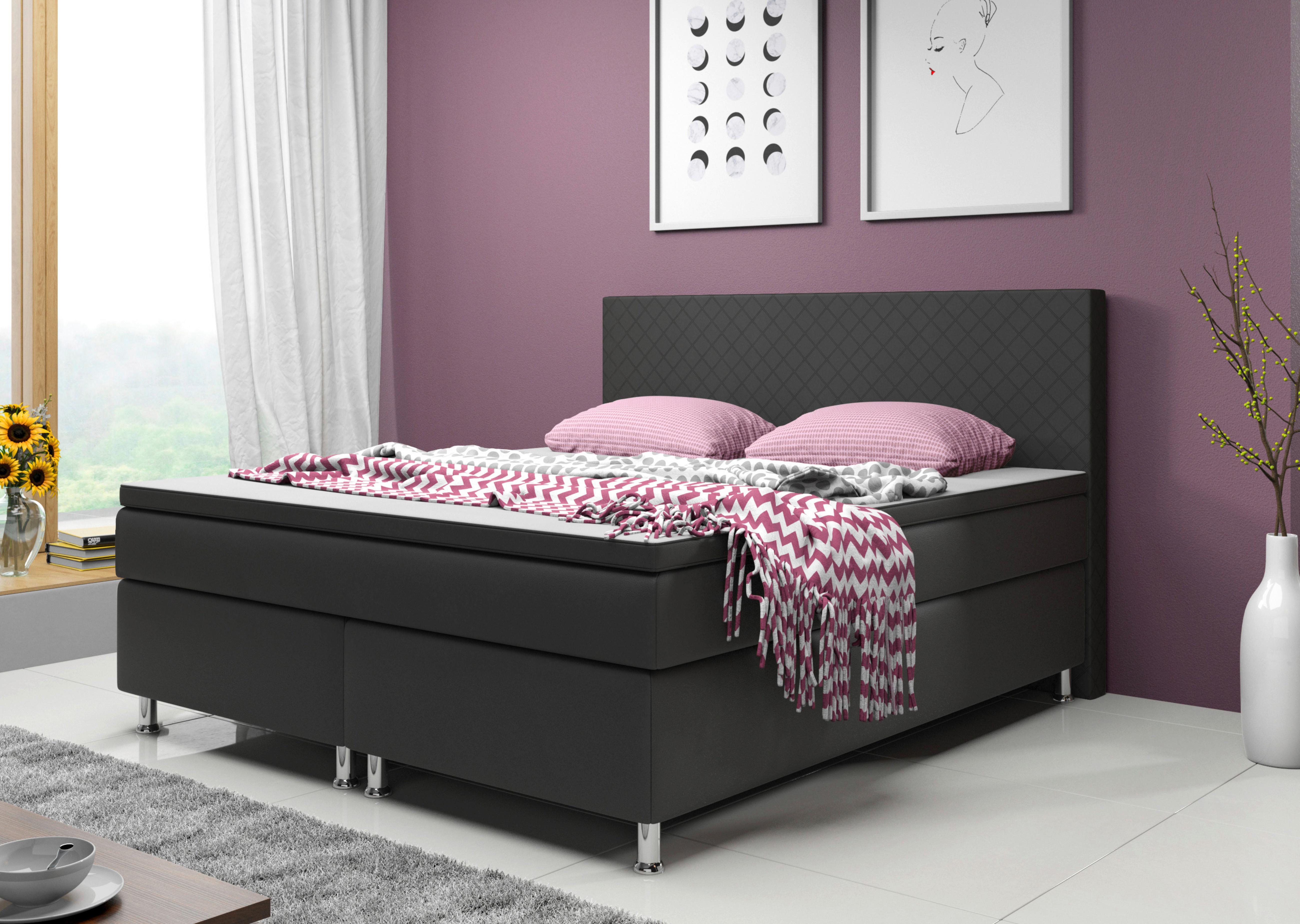 Boxspringbett Mit Topper 180x100 Cm Madrid - Silberfarben/Schwarz, KONVENTIONELL, Leder/Textil (180/115/210cm) - MID.YOU