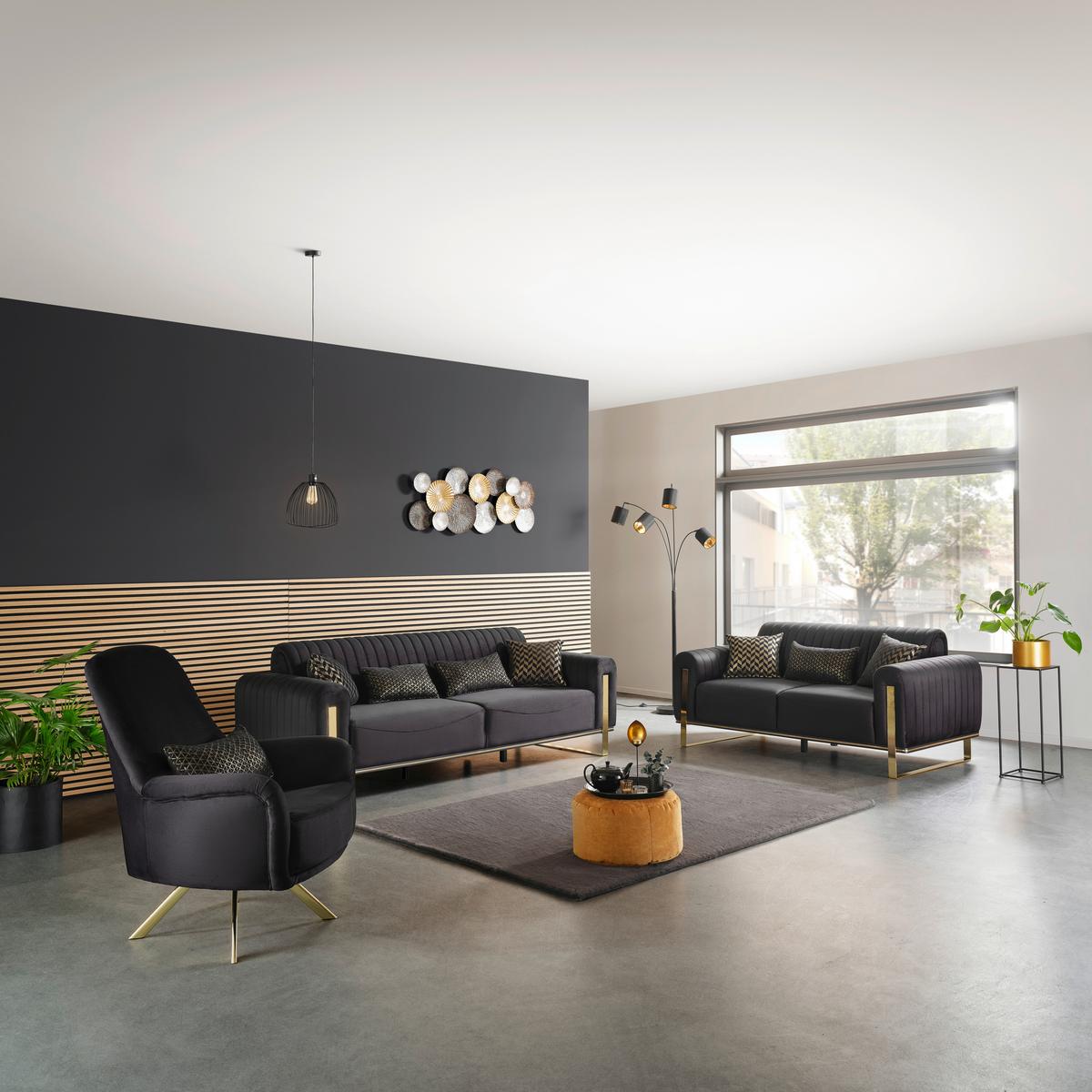 2-Sitzer-Sofa Bono Schwarz - Goldfarben/Schwarz, MODERN, Textil (180/83/90cm) - Luca Bessoni