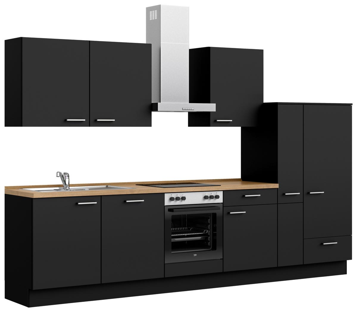 Kuchyňská linka 330 cm, černá matná - černá/barvy dubu, Moderní, kov/kompozitní dřevo (330cm) - Nobilia