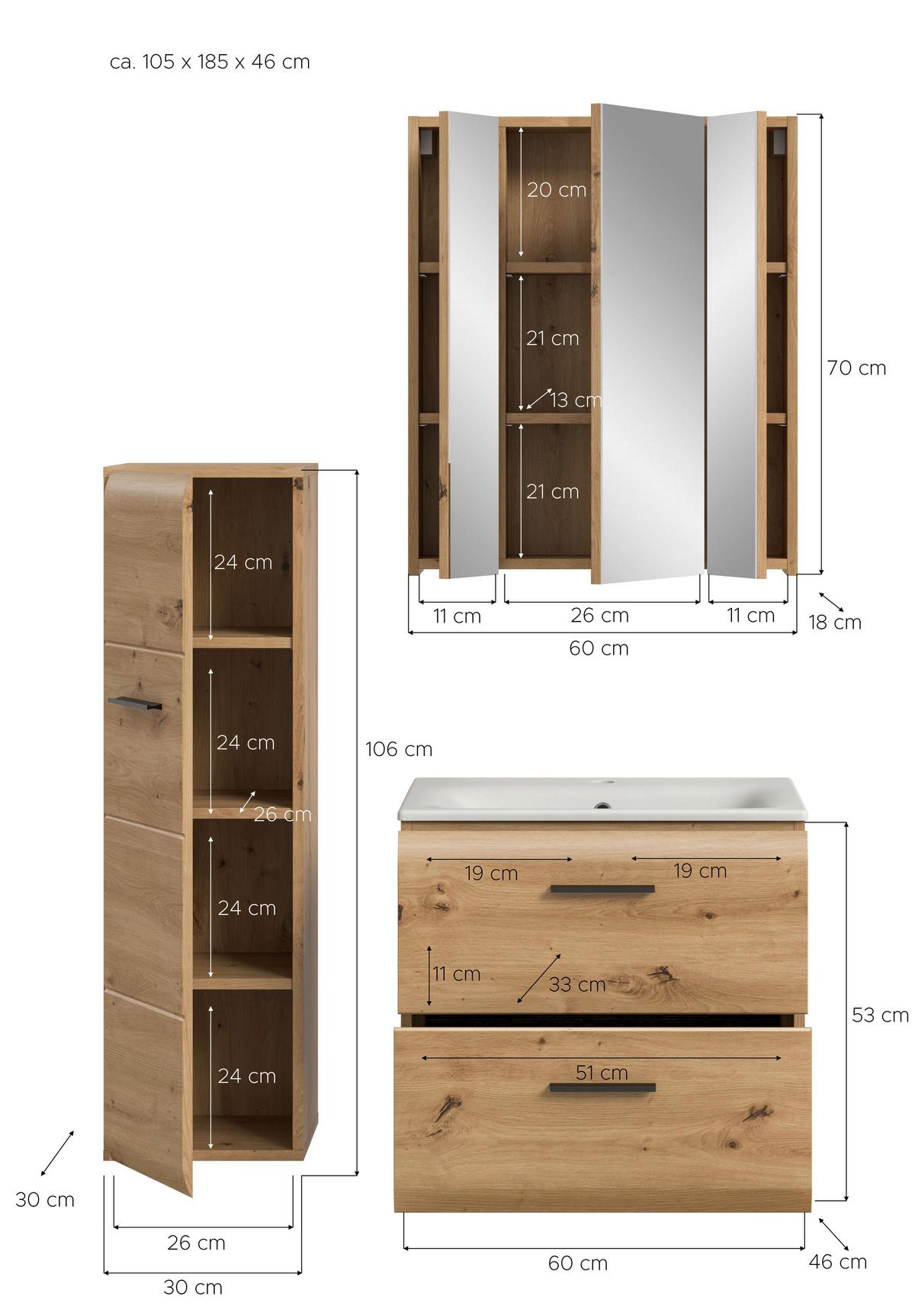 Badezimmer Ice Eiche Artisan Dekor B: 90cm - Eiche Artisan/Weiß, Basics, Keramik/Holzwerkstoff (90cm) - MID.YOU