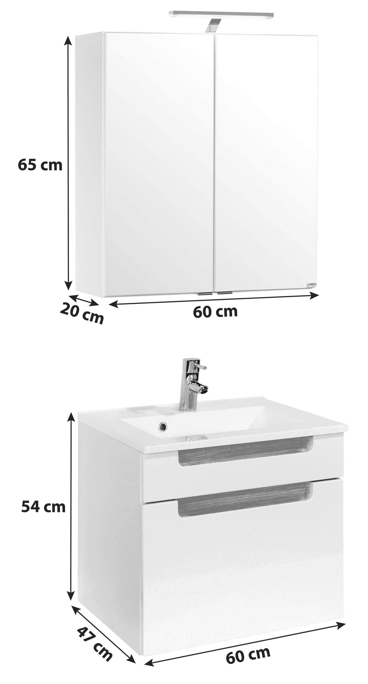 Badmöbel-set 2-tlg. Inkl. Led Siena B: 60cm, Weiß/eiche - Weiß/Silbereichenfarben, MODERN, Holzwerkstoff/Stein (60cm) - Held