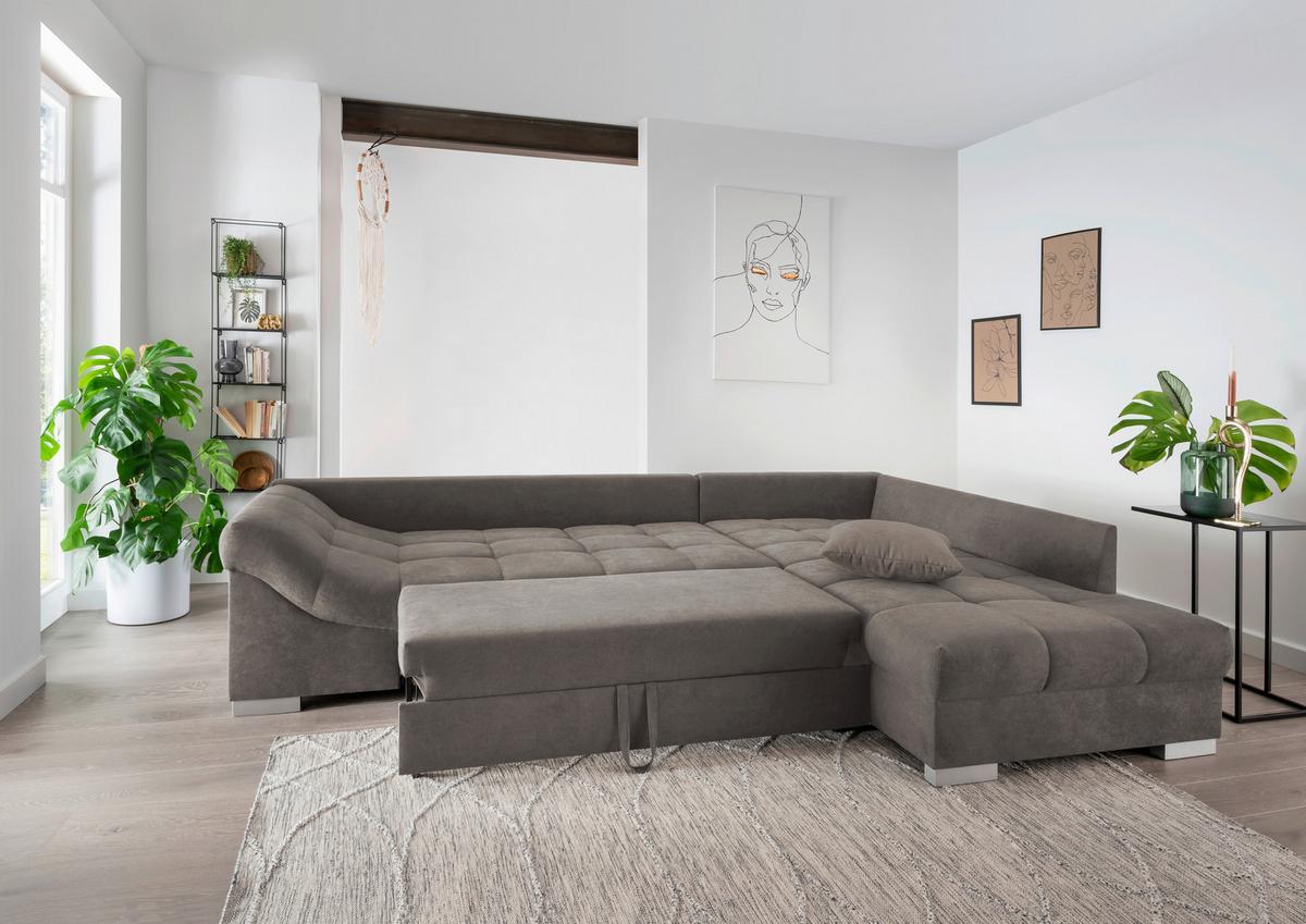 Eckschlafsofa Alvito Graubraun S: 298/202 Cm - Graubraun/Silberfarben, Design, Textil (298/202cm) - MID.YOU