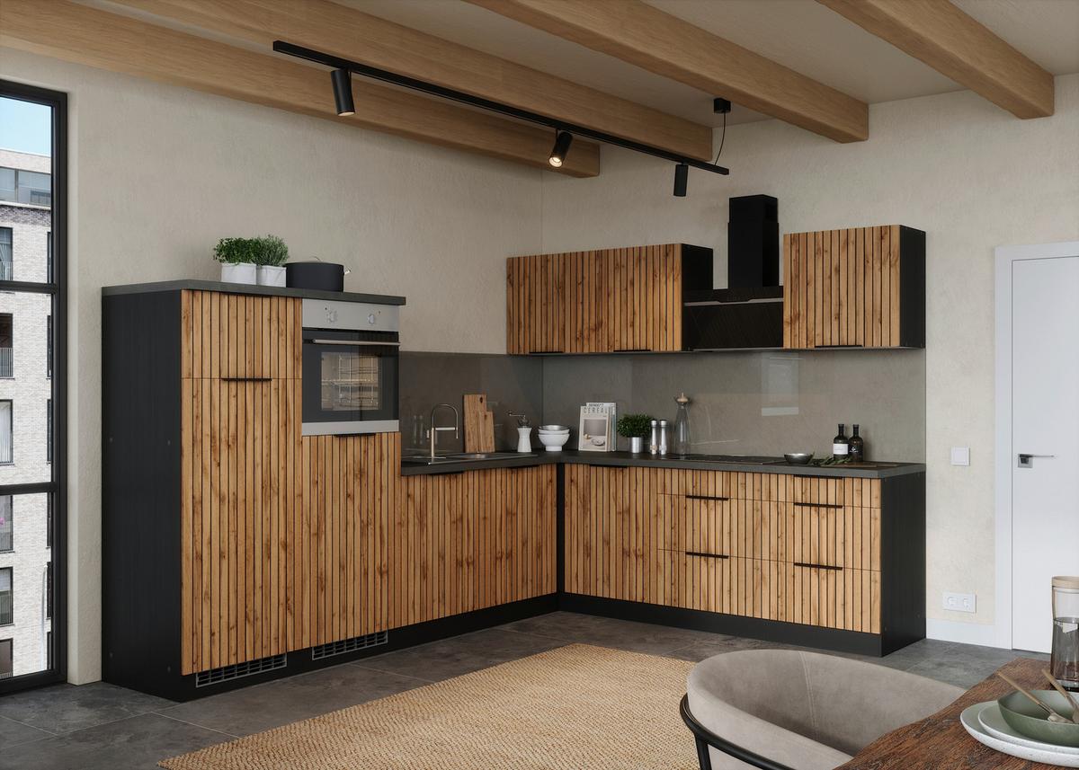 Eckküche Liverpool Graphit/ Eiche Dekor S: 300x240 cm - Schieferfarben/Eiche Wotan, Basics, Holzwerkstoff (300/240cm) - Held