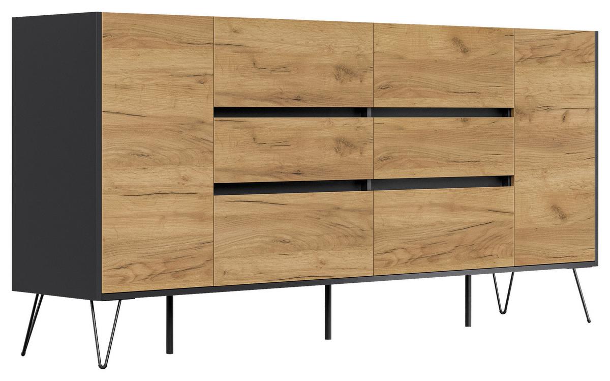 Sideboard Posseik Industrial Graphitfarben /eichef. B:199cm - Eichefarben/Schwarz, Design, Holzwerkstoff (199/93,6/42cm) - P & B