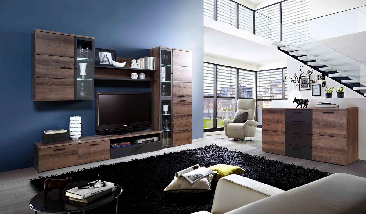 Szekrénysor Durango - tölgyfa színű/fekete, Modern, műanyag/faalapú anyag (279,6/196/41,3(34,1)cm)