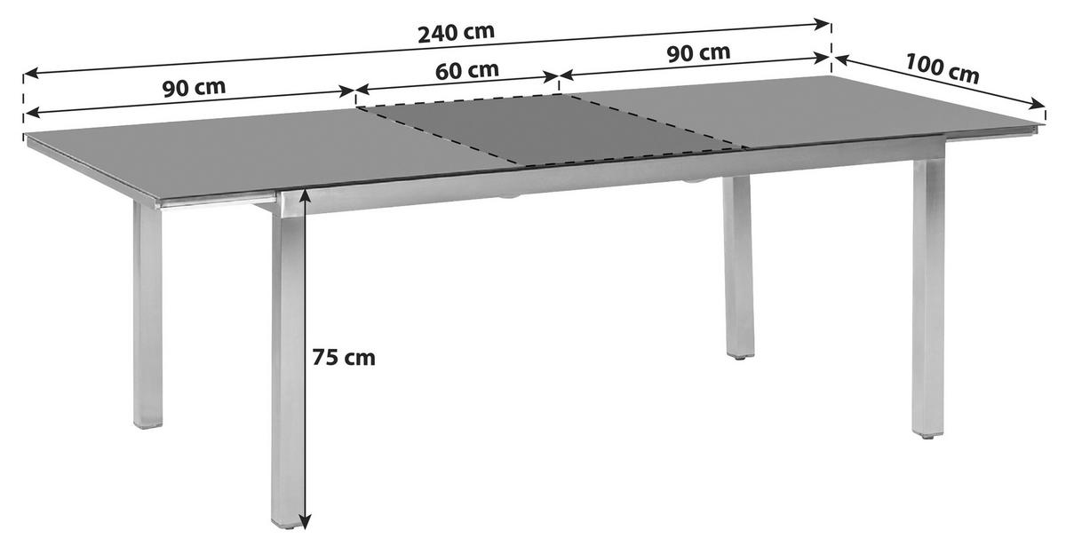 Gartentisch ausziehbar Metall L 180 cm - Silberfarben/Grau, MODERN, Glas/Metall (180/100/75cm) - Gardenson