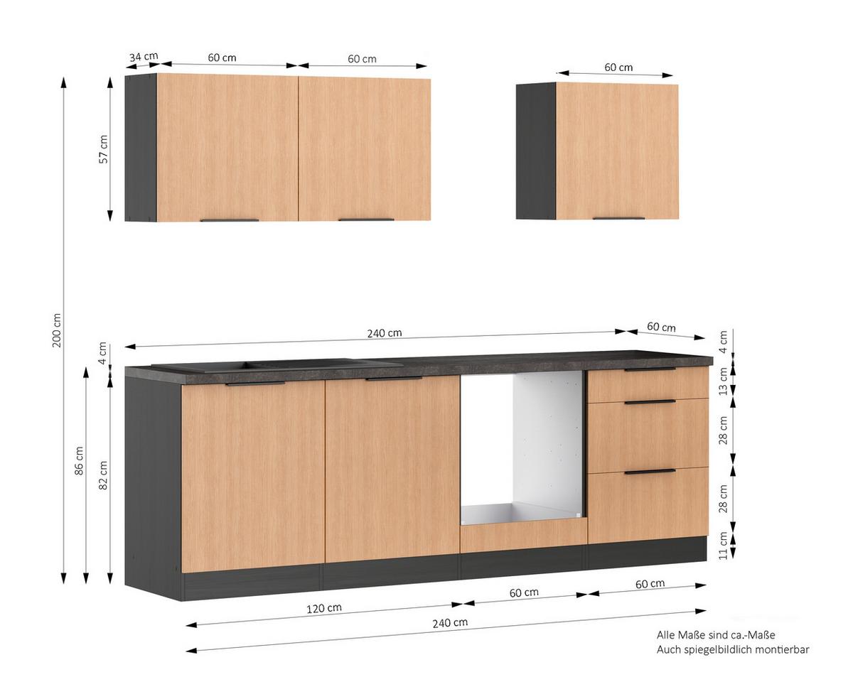 Küchenleerblock Glasgow Eichefarben /graphit B: 240 Cm - Eichefarben/Graphitfarben, LIFESTYLE, Holzwerkstoff (240cm) - Held