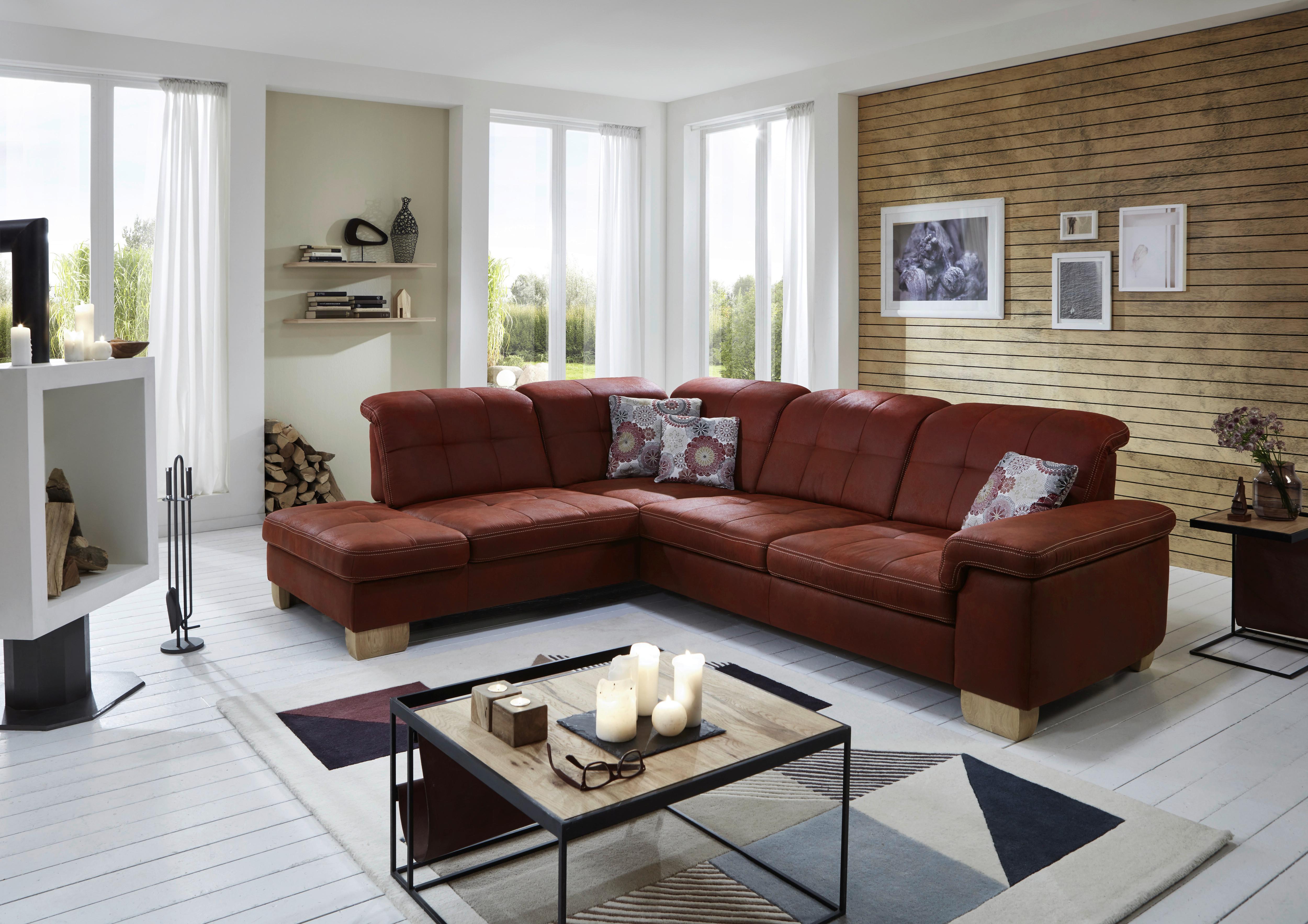 Sedací souprava ELLA, levá, cihlová, bez funkcí - divoký dub/terracotta, Moderní, dřevo/textil (243/273cm)