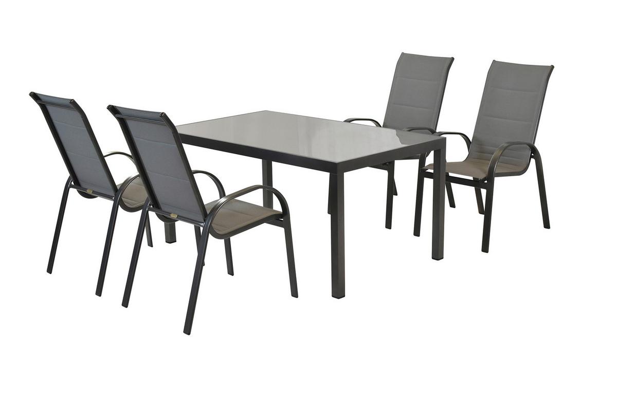 Gartentischgruppe Amalfi 5 -Teilig. Graphitfarben/Grau - Graphitfarben/Grau, KONVENTIONELL, Glas/Textil - Gardenson