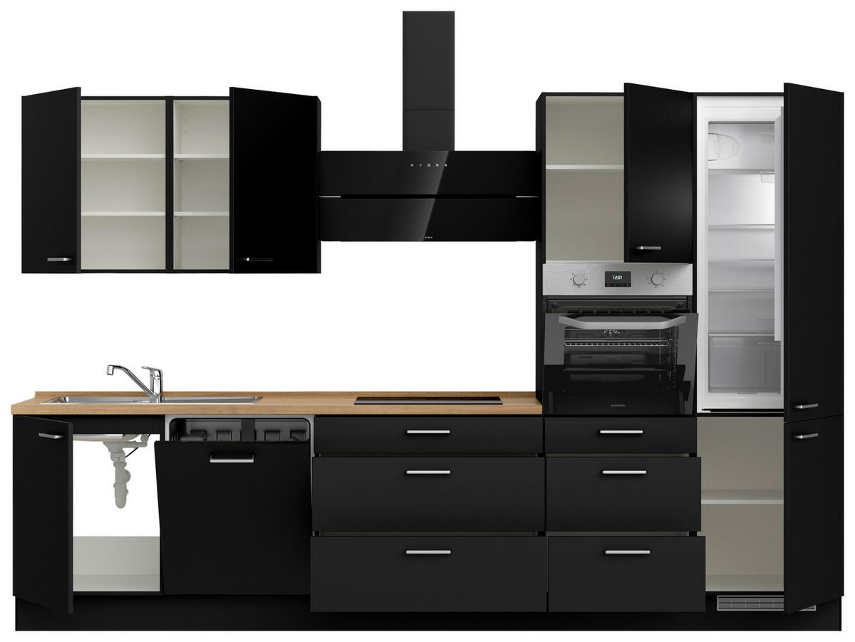 Kuchyňská linka 330 cm, černá matná/ barva dub - černá/barvy dubu, Moderní, kov/kompozitní dřevo (330cm) - Nobilia