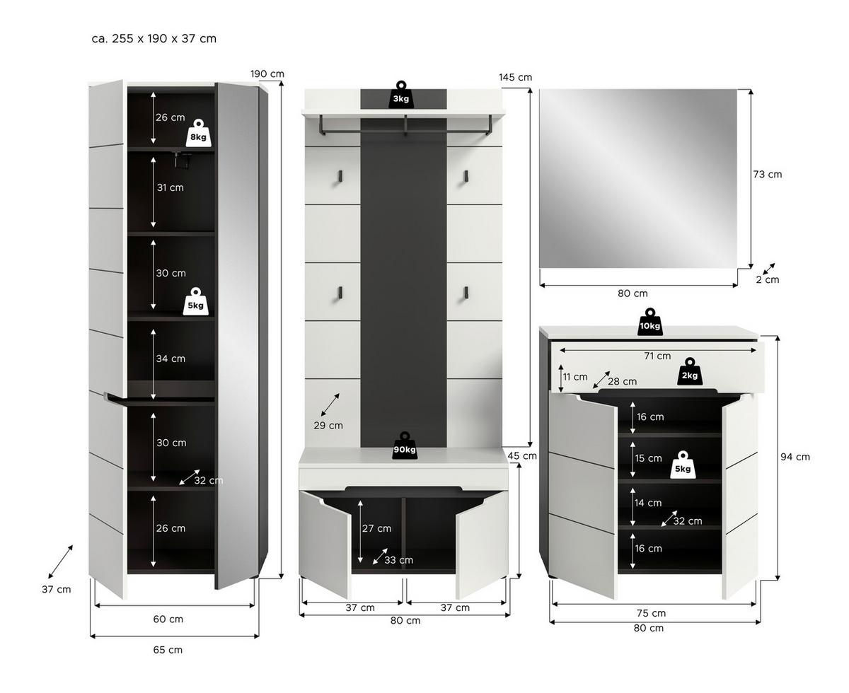 Garderobe Canu 5-Teilig Grau/Weiß B: 255 cm - Weiß/Grau, Design, Holzwerkstoff (255/190/37cm) - Livetastic
