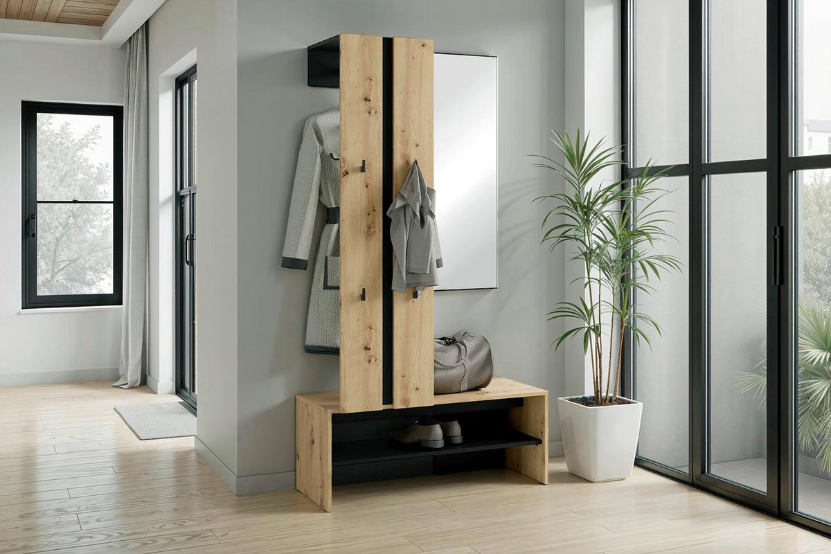 Garderobe Nante Set Eiche Artisan/Schwarz B: 100cm - Schwarz/Eiche Artisan, Design, Holzwerkstoff (100/186/40cm) - MID.YOU