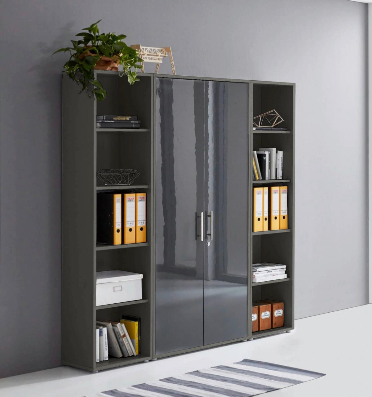 AKTENSCHRANK OFFICE EDITION - SW SET 3 - Anthrazit/Anthrazit Hochglanz, MODERN, Holzwerkstoff (172,6/185,6/33cm) - MID.YOU