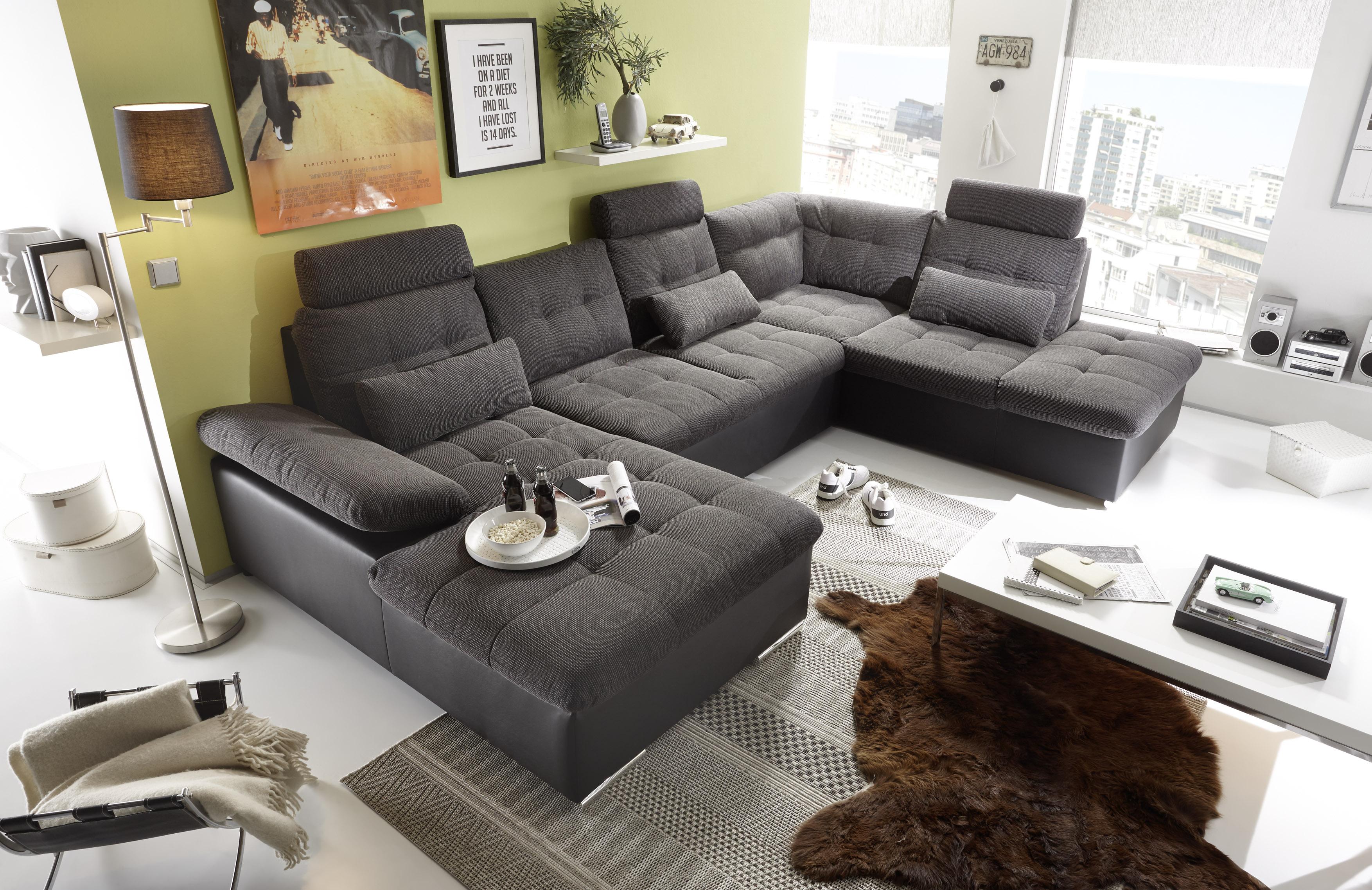 Wohnlandschaft Jakarta Mit Schlaffunktion Grau/schwarz - Chromfarben/Schwarz, Design, Textil (170/324/218cm) - MID.YOU