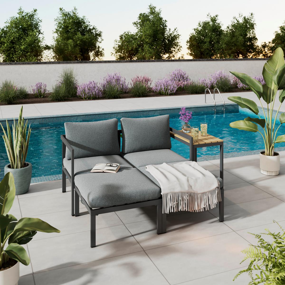 Loungegarnitur Basel - Dunkelgrau/Naturfarben, MODERN, Kunststoff/Textil - Beldano