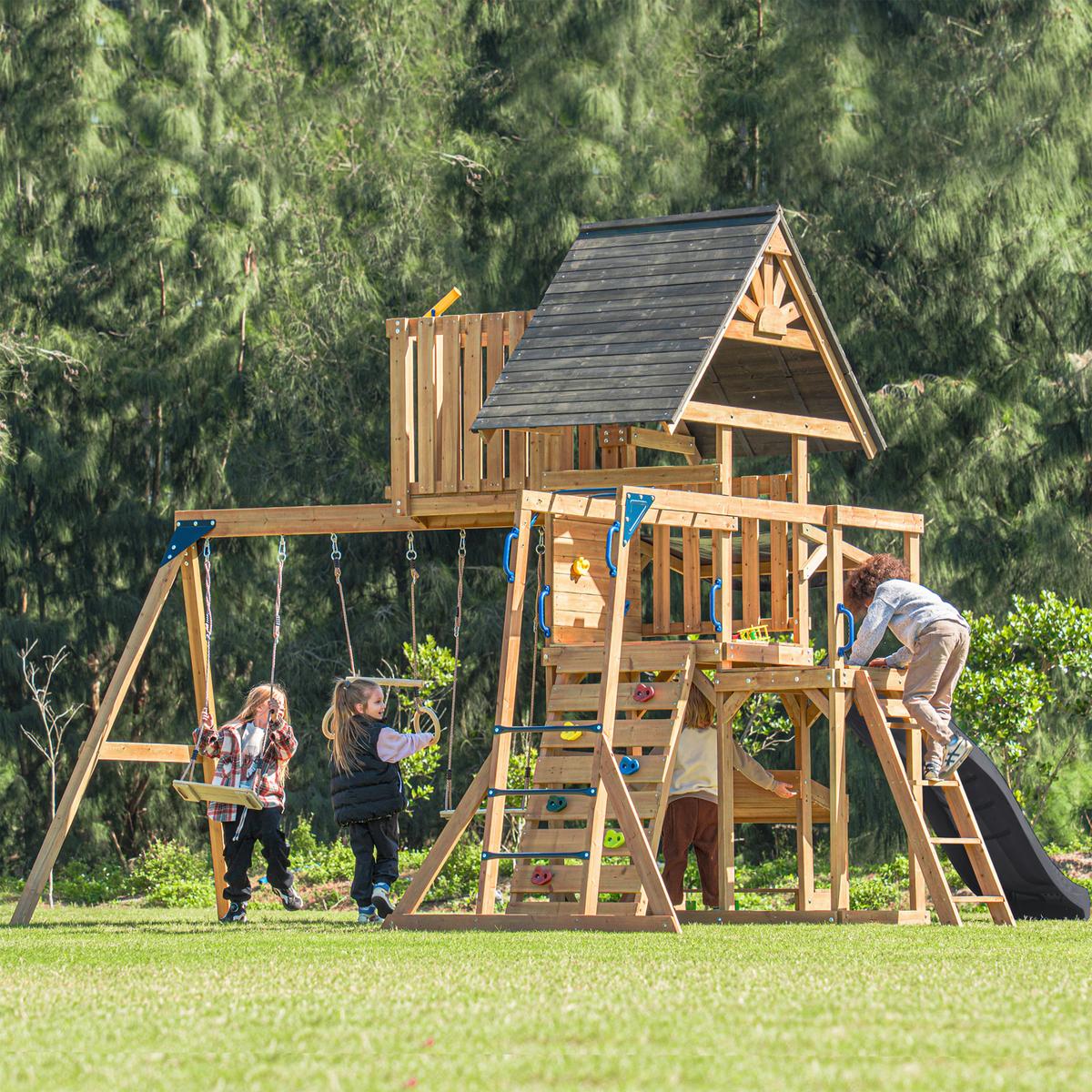 Spielturm Mit Rutsche Grau - Anthrazit/Braun, Basics, Holz/Kunststoff (482/500/338cm) - Ambia Garden