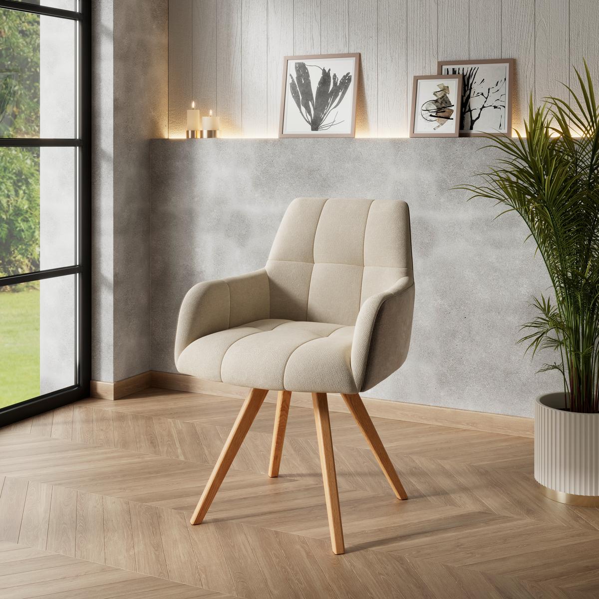 Armlehnstuhl Elke beige Eiche massiv, drehbar, B: 61cm - Creme/Braun, KONVENTIONELL, Holz/Textil (61/88/66,5cm)