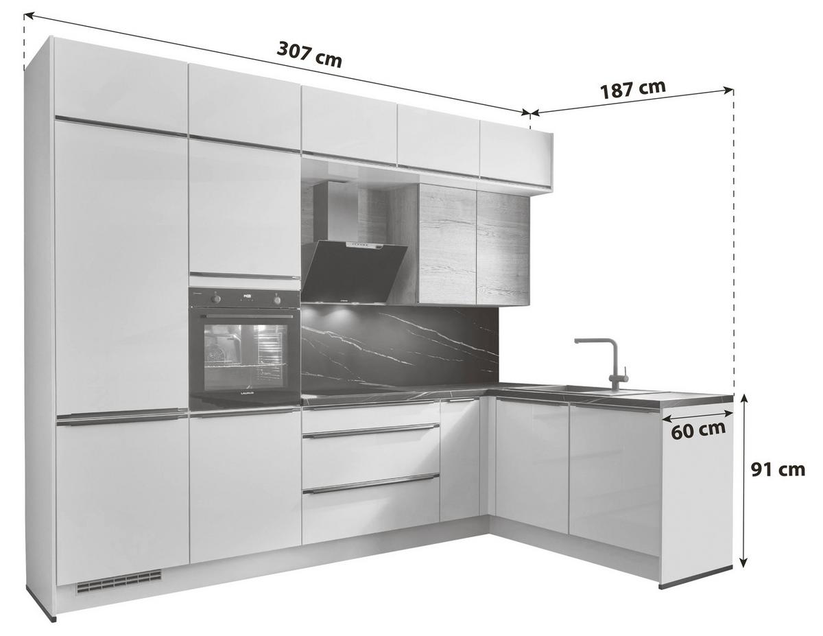 Eckküche Florenz/Singapur - Weiß Hochglanz/Eichefarben, Basics, Holzwerkstoff (307/187cm) - Vertico