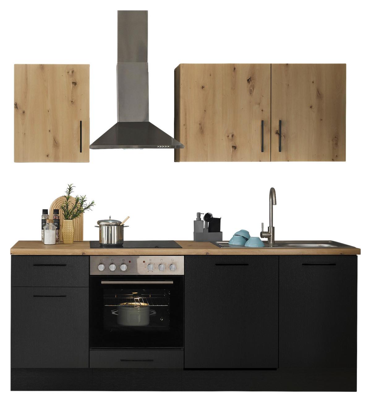 Kuchynská linka TURIN bez spotrebičov, šírka 220 cm - čierna/dub artisan, Modern, kov/kompozitné drevo (220cm)