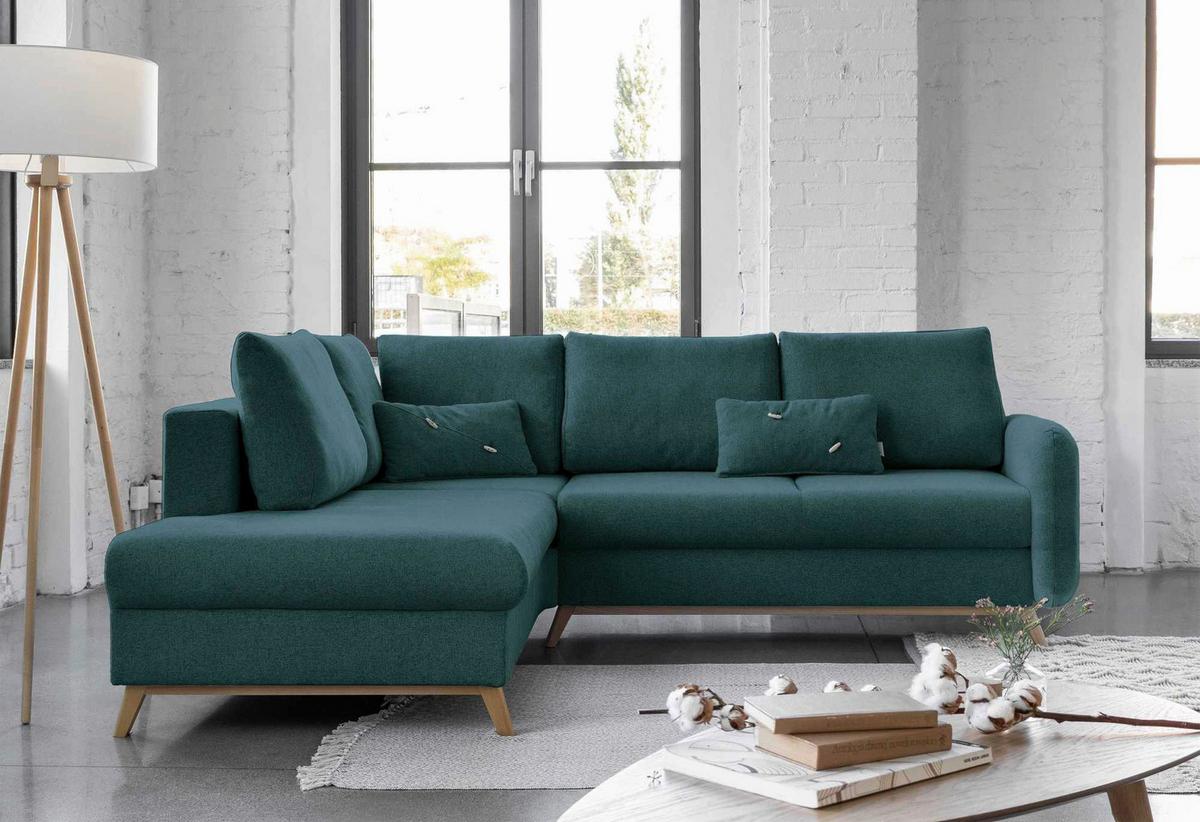 Sedačka LUCILE L, levá, tyrkysová, úl.prostor a lůžko - přírodní barvy/tyrkysová, dřevo/textil (202/242cm) - MID.YOU