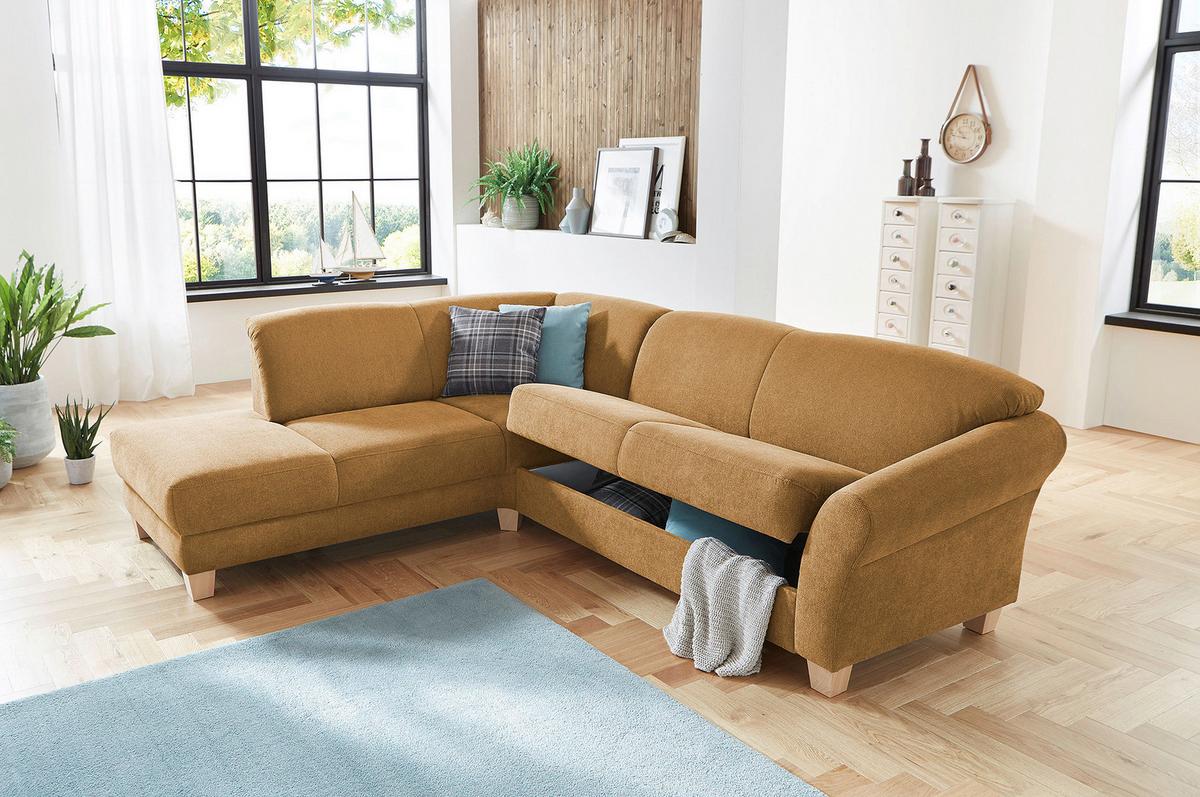 Ecksofa Gotland senfgelb mit Bettkasten 212x257 cm - Senfgelb/Naturfarben, KONVENTIONELL, Textil (212/257cm) - Sit & More