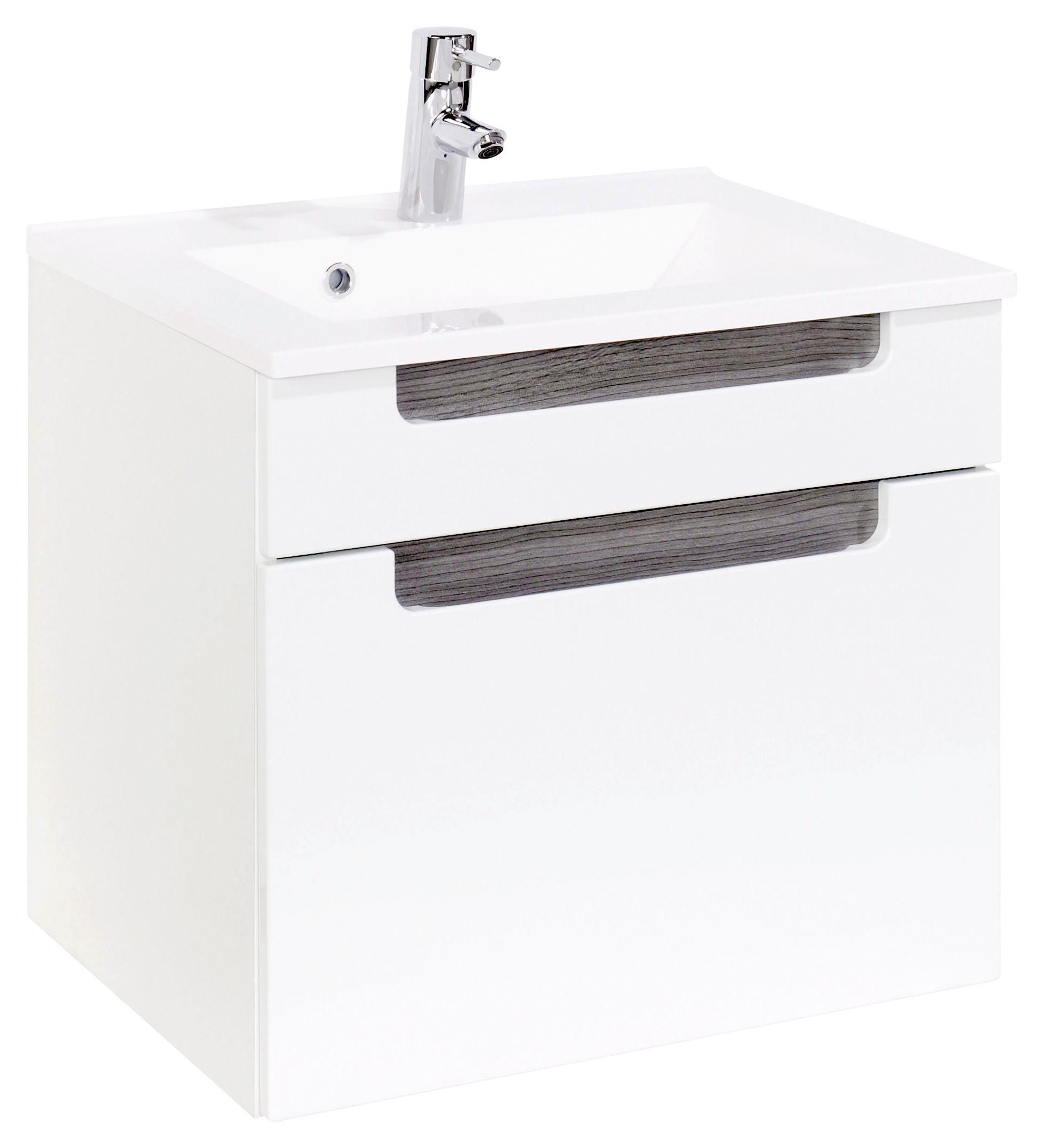 Waschbecken mit Unterschrank Siena B: 60cm Weiß/Eiche Dekor - Weiß/Silbereichenfarben, MODERN, Holzwerkstoff/Stein (60cm) - Held