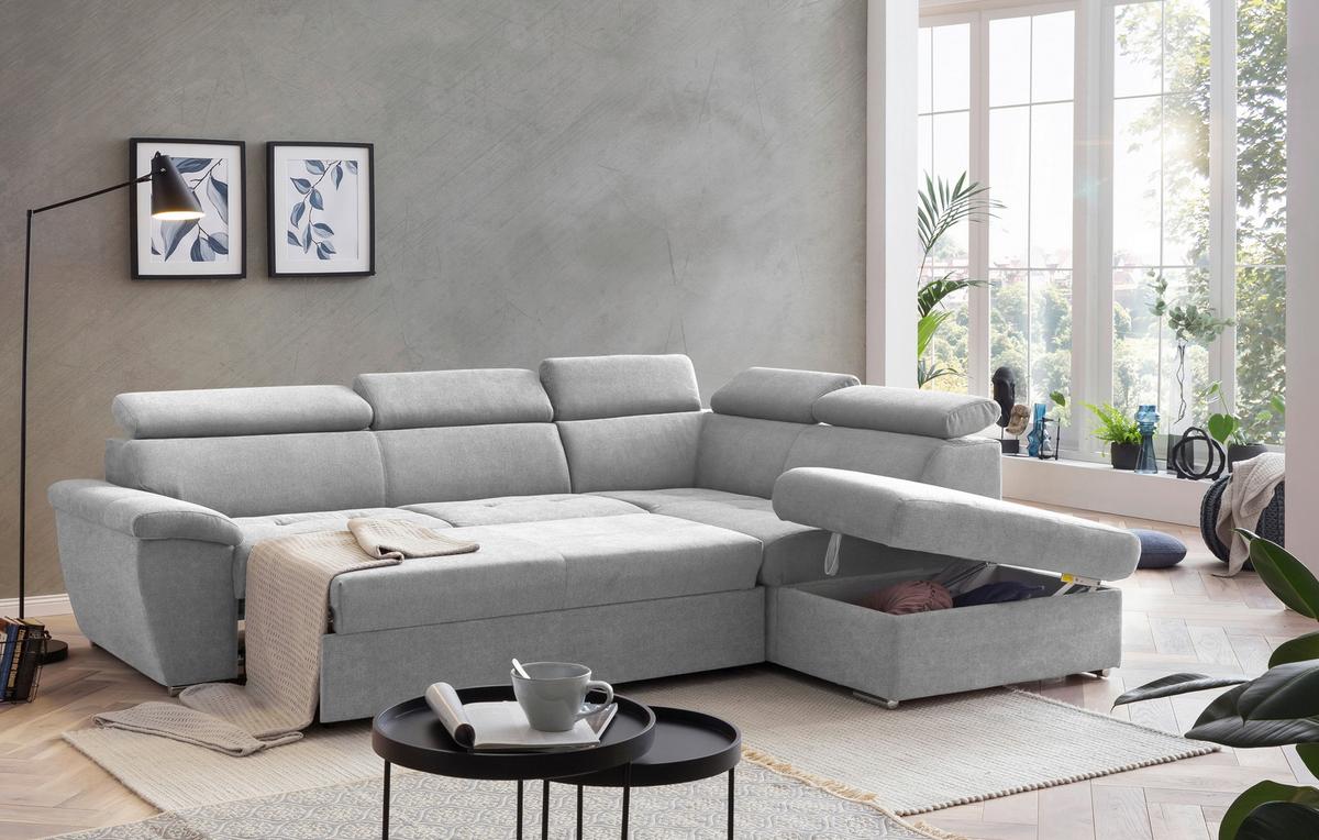 Ecksofa mit Schlaffunktion und Bettkasten Antero Grau - Chromfarben/Grau, Design, Textil (262/216cm) - Livetastic