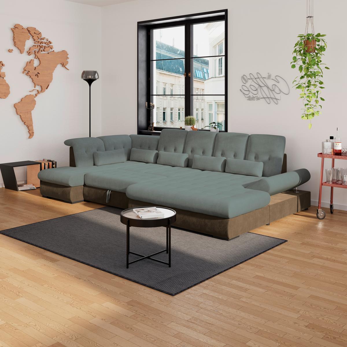 Wohnlandschaft Madera Mit Schlaffunktion Blau - Blau/Hellbraun, KONVENTIONELL, Kunststoff/Textil (212/358/190cm)