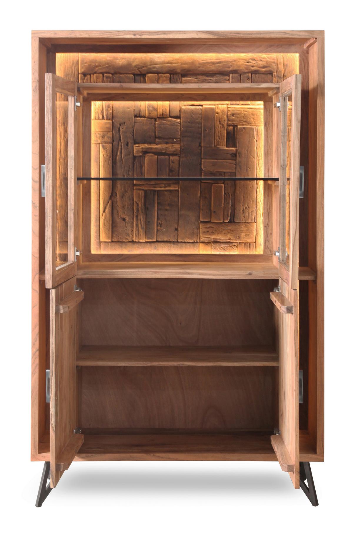 Vitrine Indira Akazie Massiv, B: 115 cm - Schwarz/Akaziefarben, ROMANTIK / LANDHAUS, Glas/Holz (115/195/40cm)