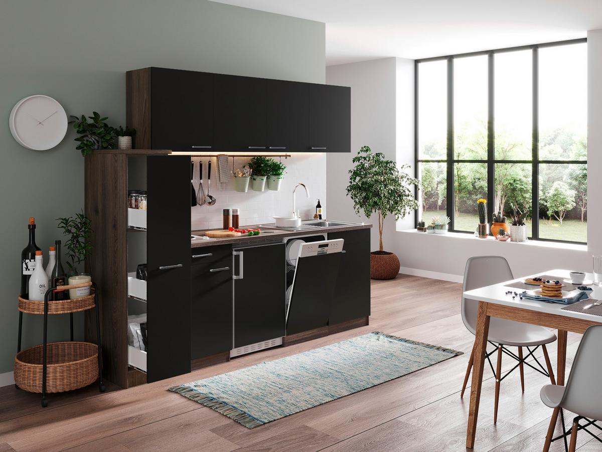 Küchenblock Oliver Singleküche 225 cm - Eichefarben/Schwarz, Basics, Holzwerkstoff (225cm) - Respekta