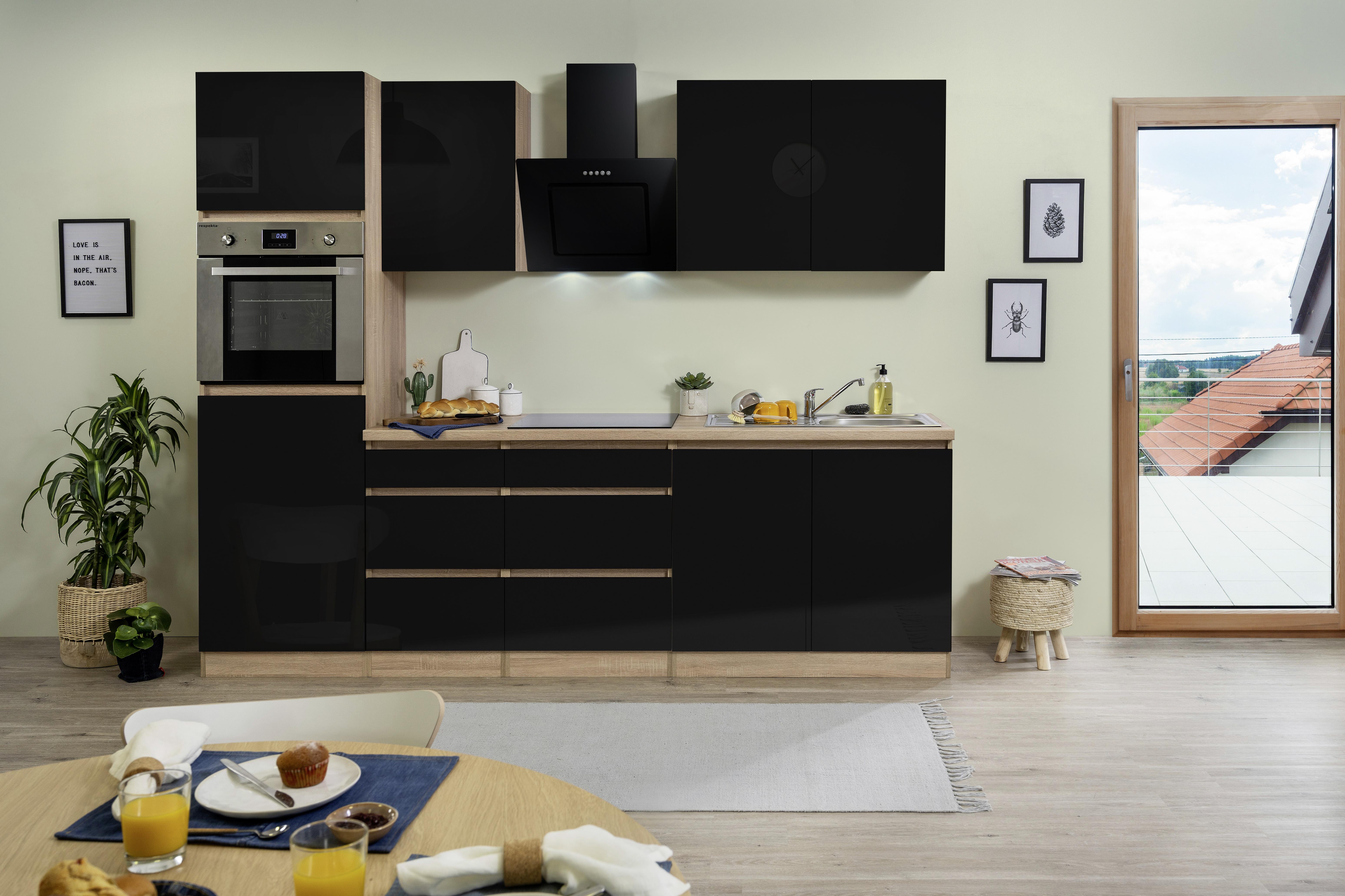 Küchenzeile Premium mit Geräten 270 cm Schwarz/Eiche Dekor - Eichefarben/Schwarz, MODERN, Holzwerkstoff (270cm) - Respekta