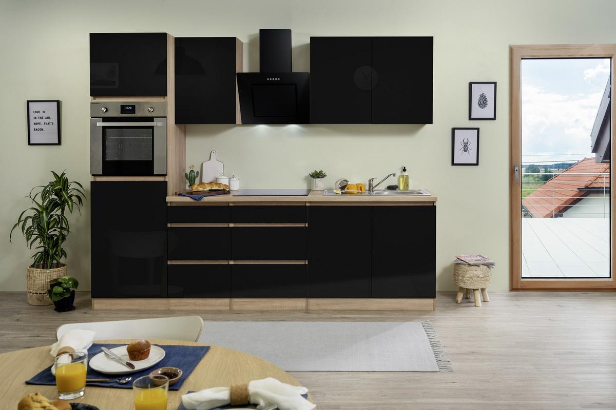 Küchenzeile Premium mit Geräten 270 cm Schwarz/Eiche Dekor - Eichefarben/Schwarz, MODERN, Holzwerkstoff (270cm) - Respekta