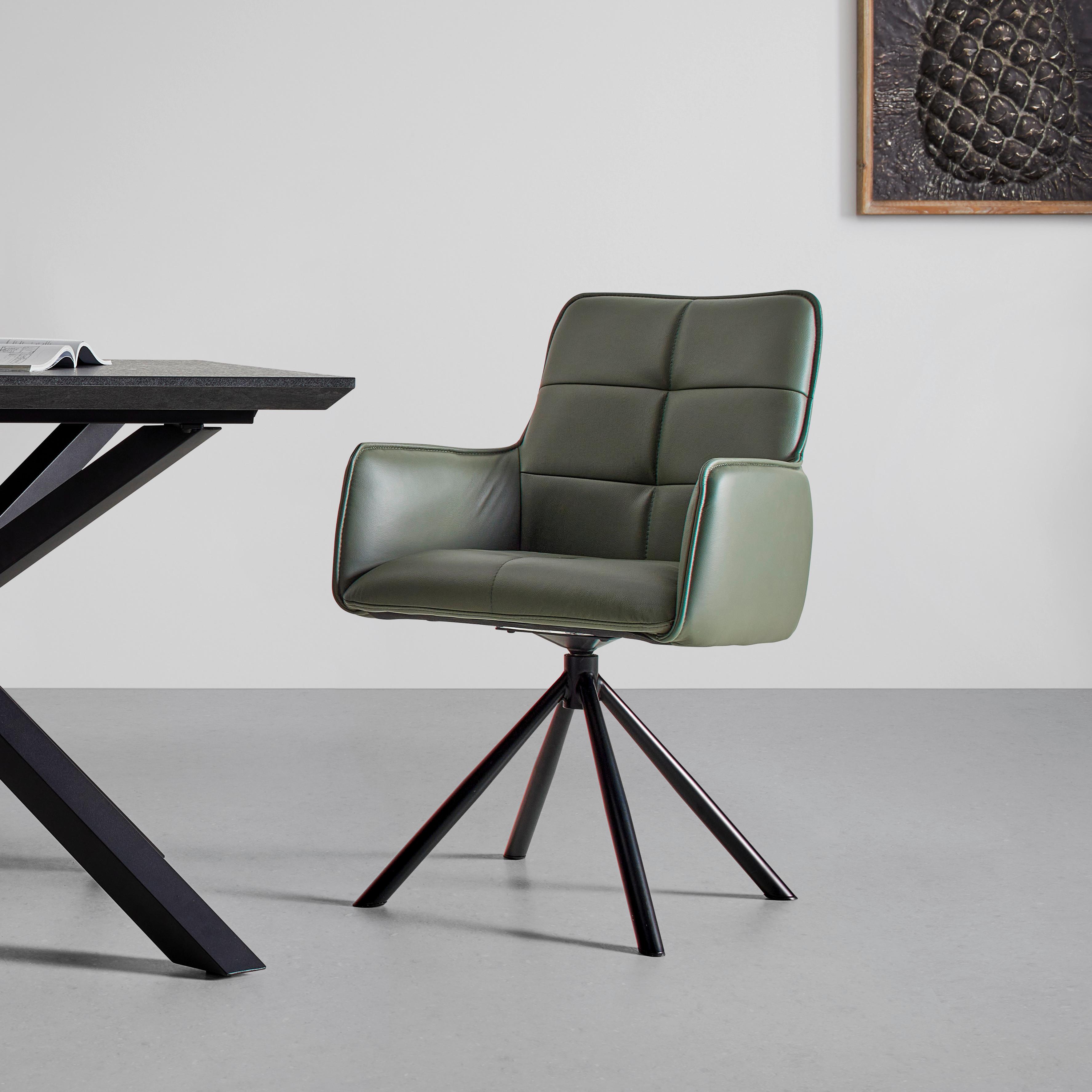 Stolička s podrúčkami VINCENT, pravá koža, zelená - čierna/zelená, Modern, kov/koža (58/87/63cm) - Premium Living