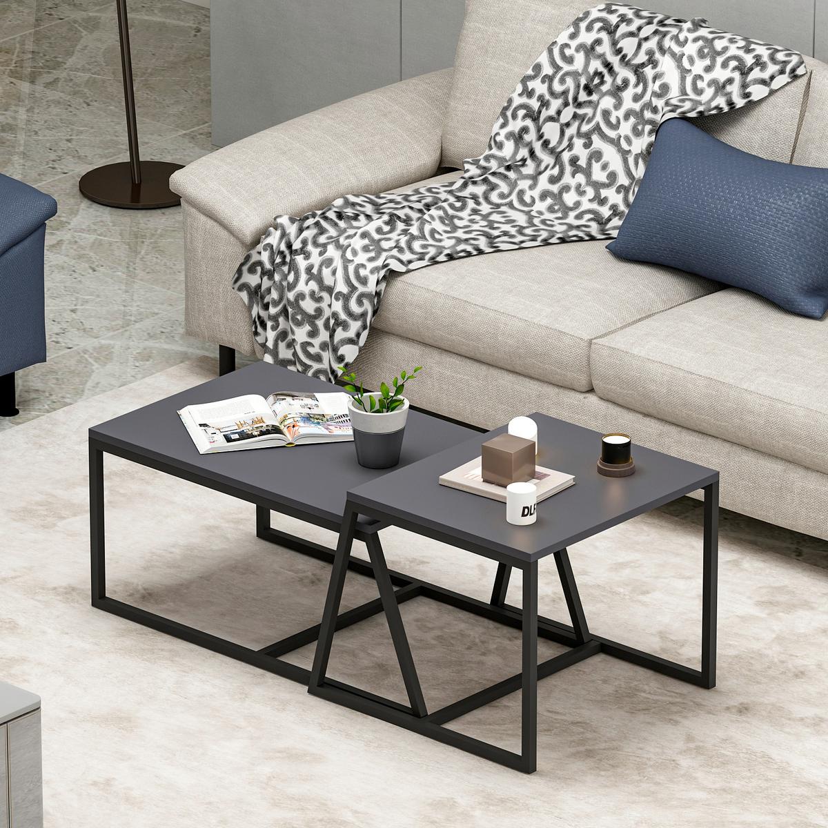 Couchtischset Anthrazit B: 75-55 Cm - Anthrazit/Schwarz, Design, Holzwerkstoff/Metall (75-55/38-45/50-47cm) - Livetastic