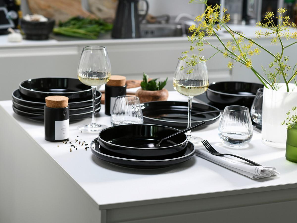 Tafelservice Nordic Gourmet Schwarz, 6 Pers., 18-teilig - Schwarz Hochglanz/Weiß, Basics, Keramik - Creatable