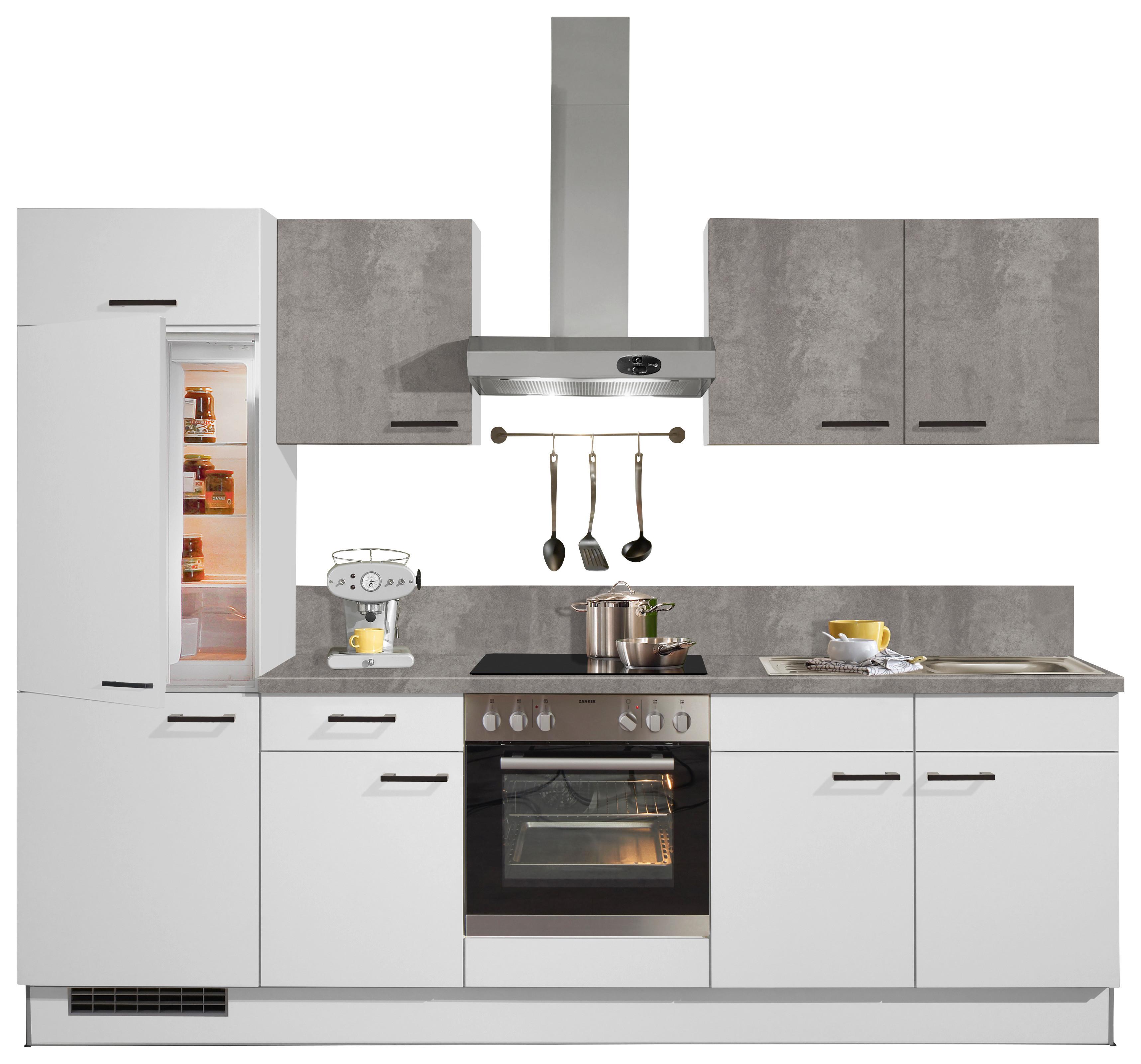 Küchenzeile Pn 80/Pn 100 Mit Geräten 270 cm Weiß/Betonoptik - Weiß, MODERN, Holzwerkstoff/Kunststoff (270cm) - Pino