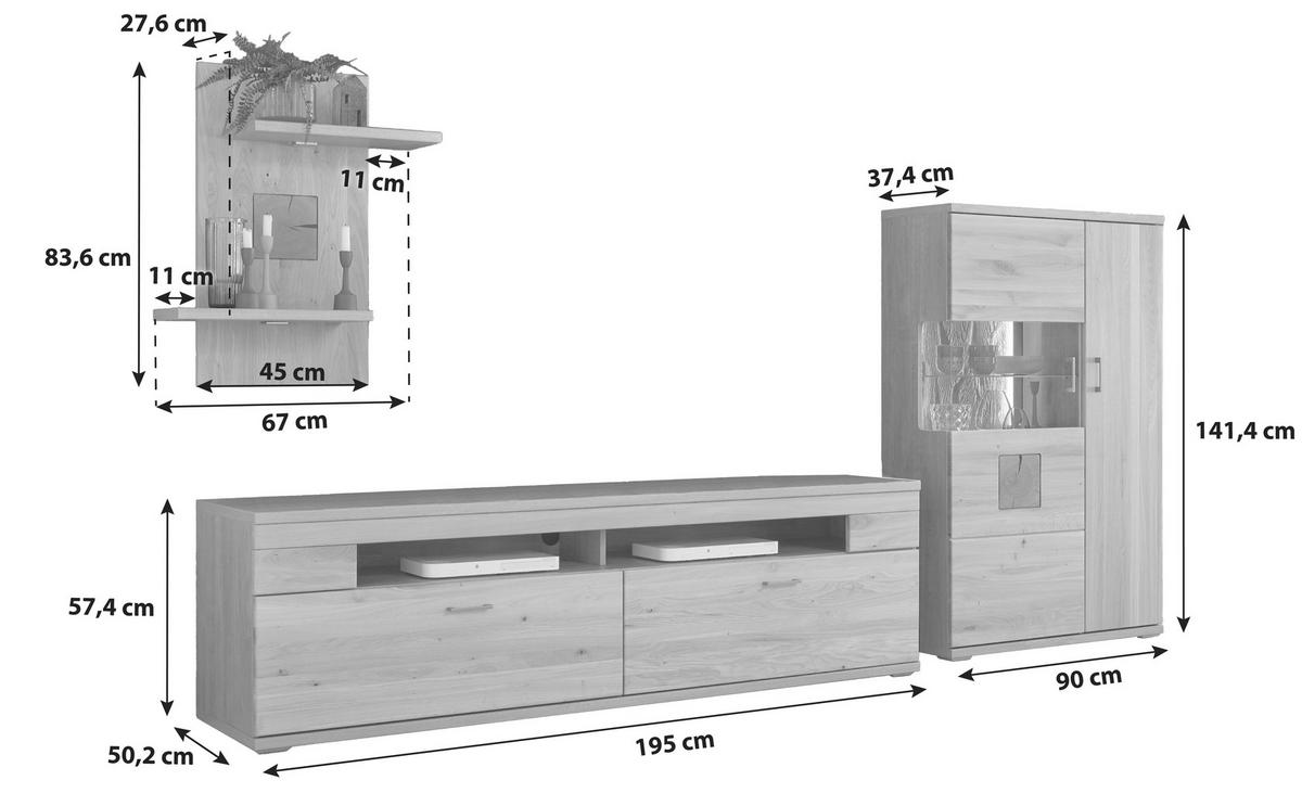 Wohnwand Kansas - Alteiche/Silberfarben, KONVENTIONELL, Glas/Holz (317,1/171/50,2cm) - Livetastic