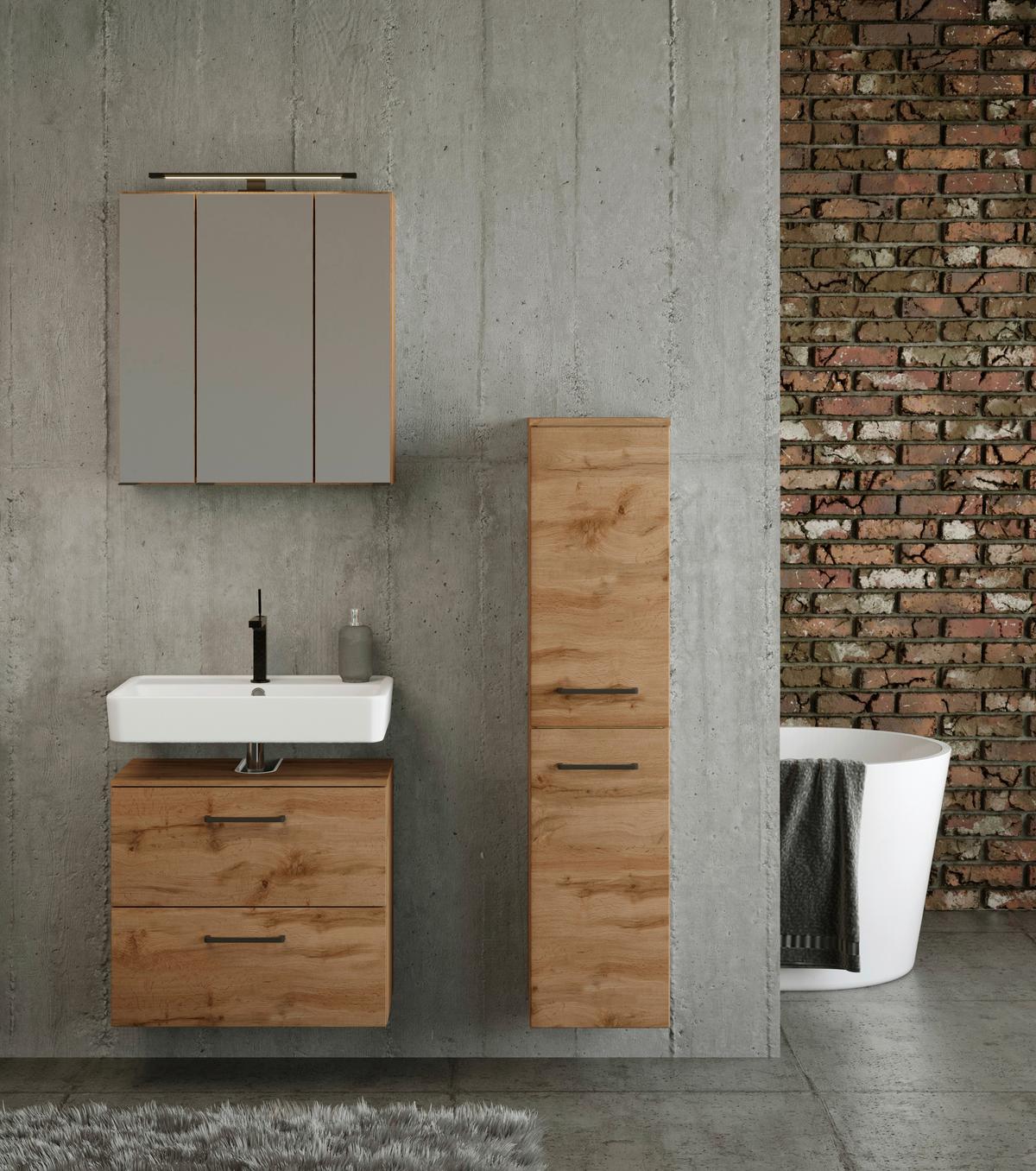 Badmöbel-Set Manchester B: 90 cm Eiche Wotan Dekor - Eichefarben, MODERN, Holzwerkstoff (90cm) - Held